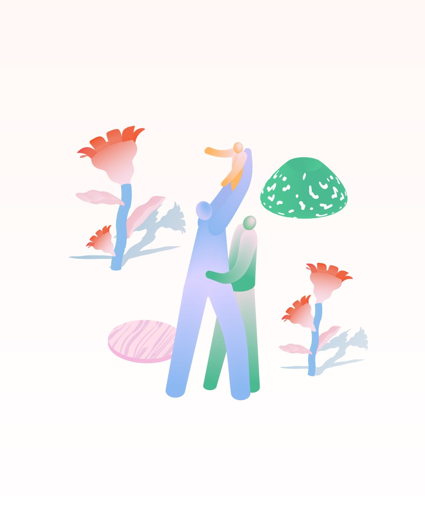 Simple and bold illustrations of two figures raising a child in their arms, in an abstract environment with flowers and stones.