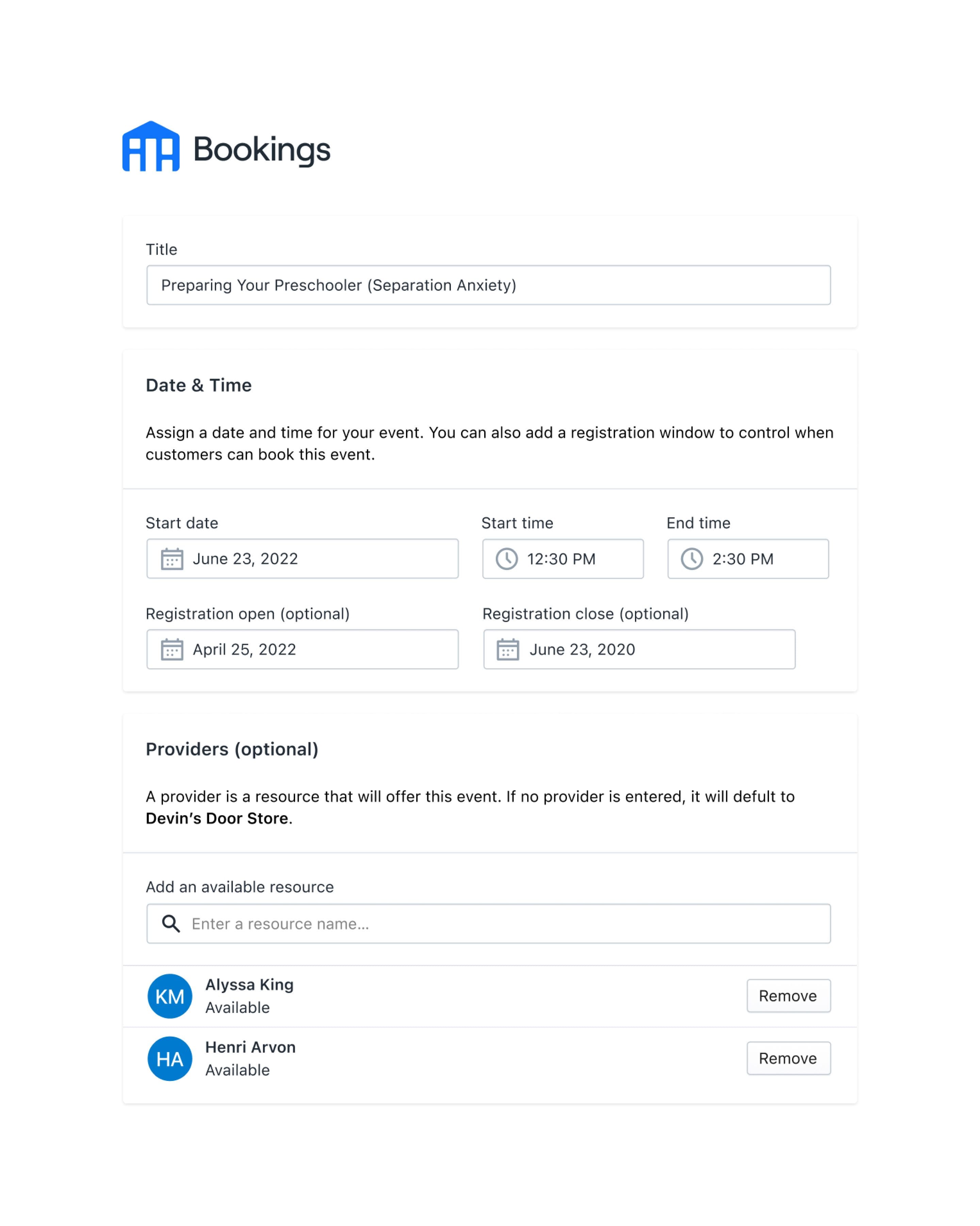 An editor interface showing the ability to set start and end dates, as well as indicate available providers for creating a course.