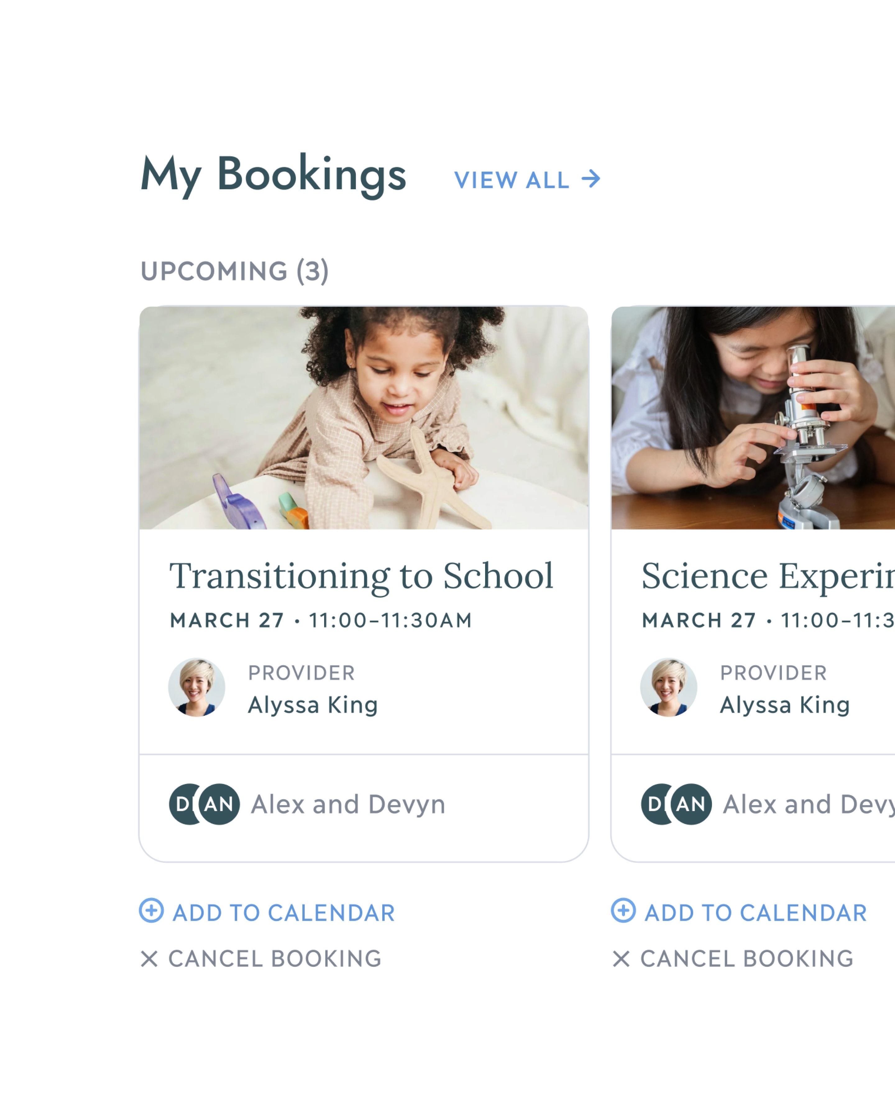 A screenshot of a member's portal that shows information about classes they've booked for their child.