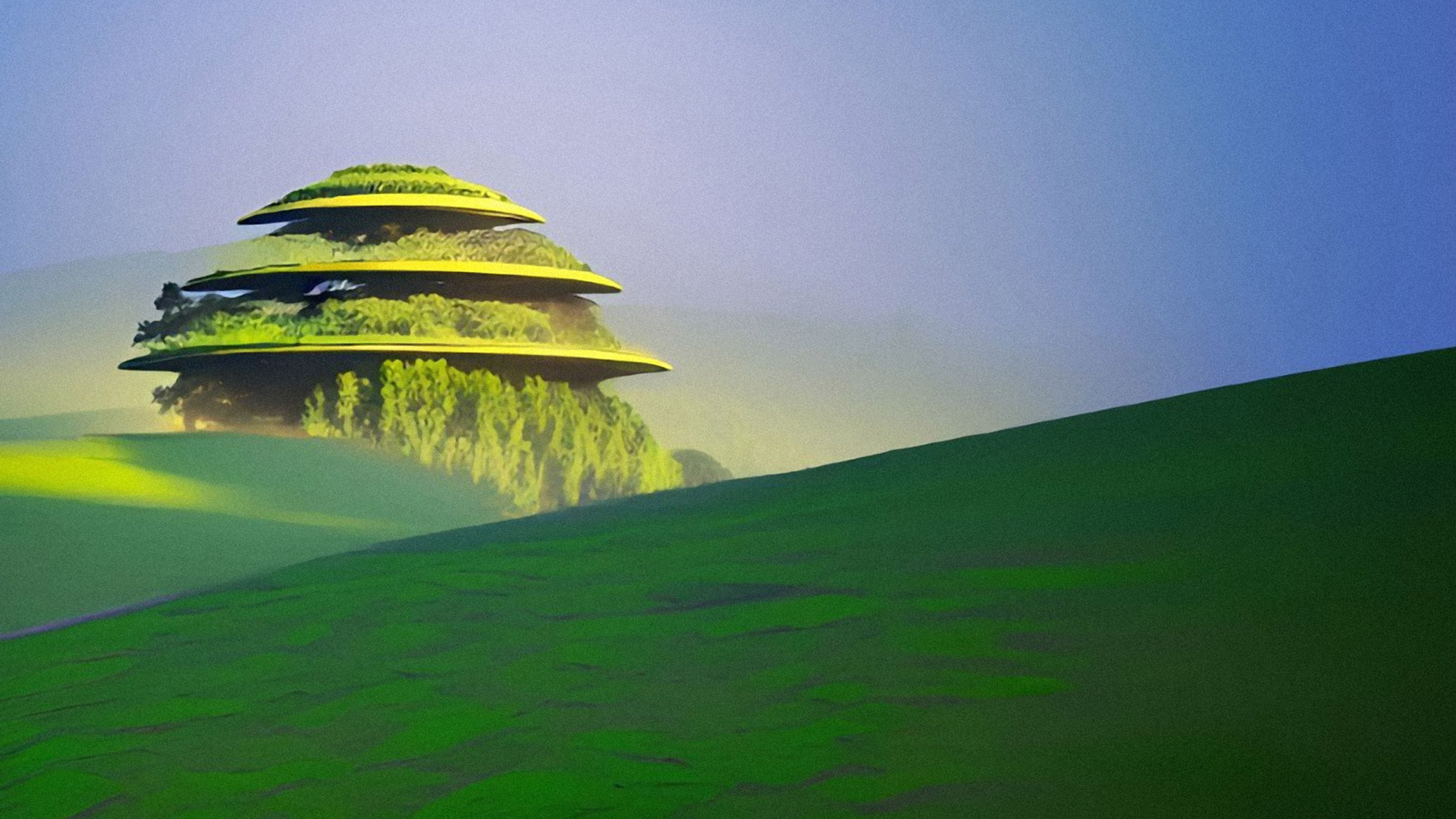 AI-generated landscape showing an abstract building on a hill