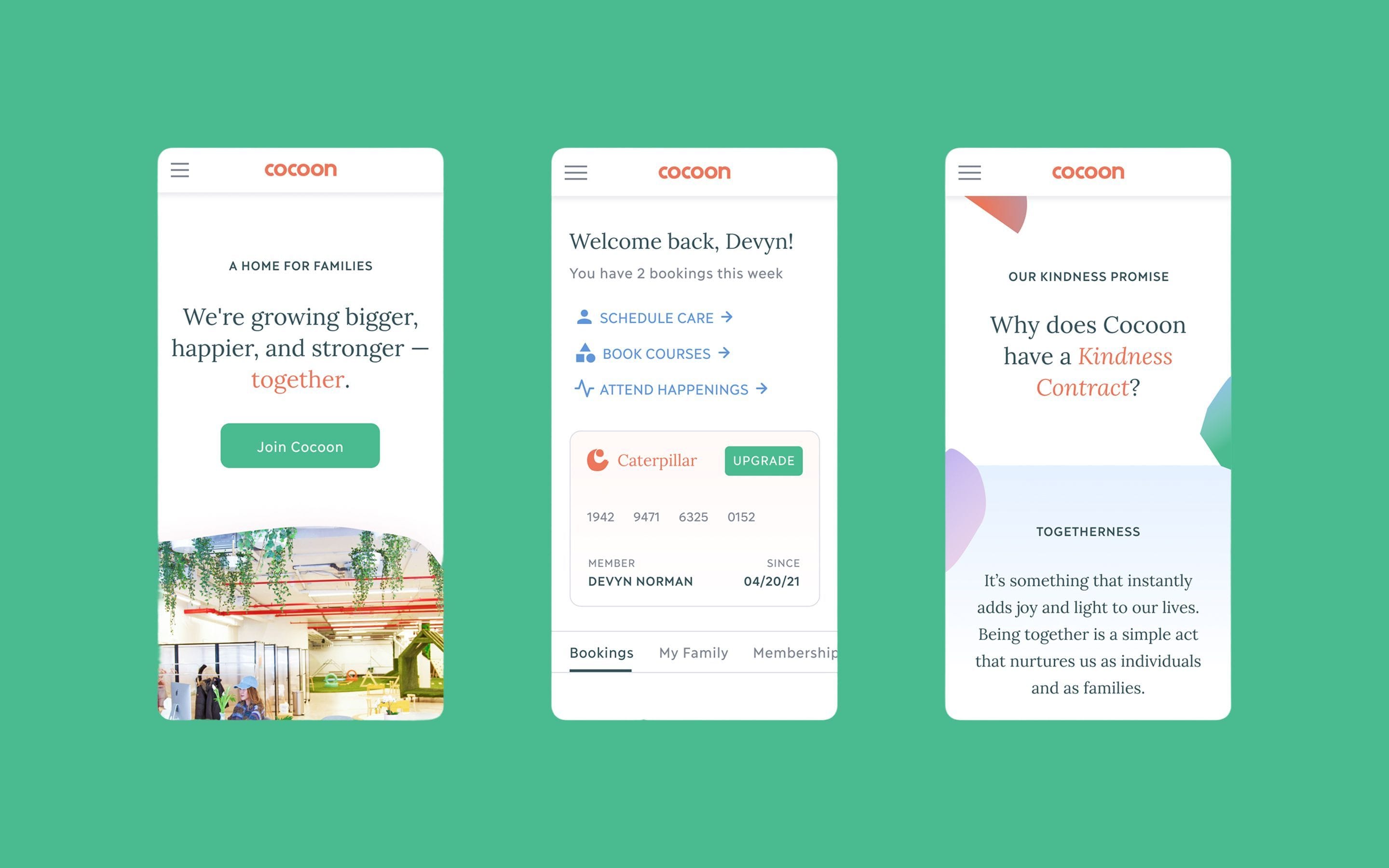 Three snapshots of the Cocoon mobile website, highlighting a tone of voice that communicates a warm and caring personality.