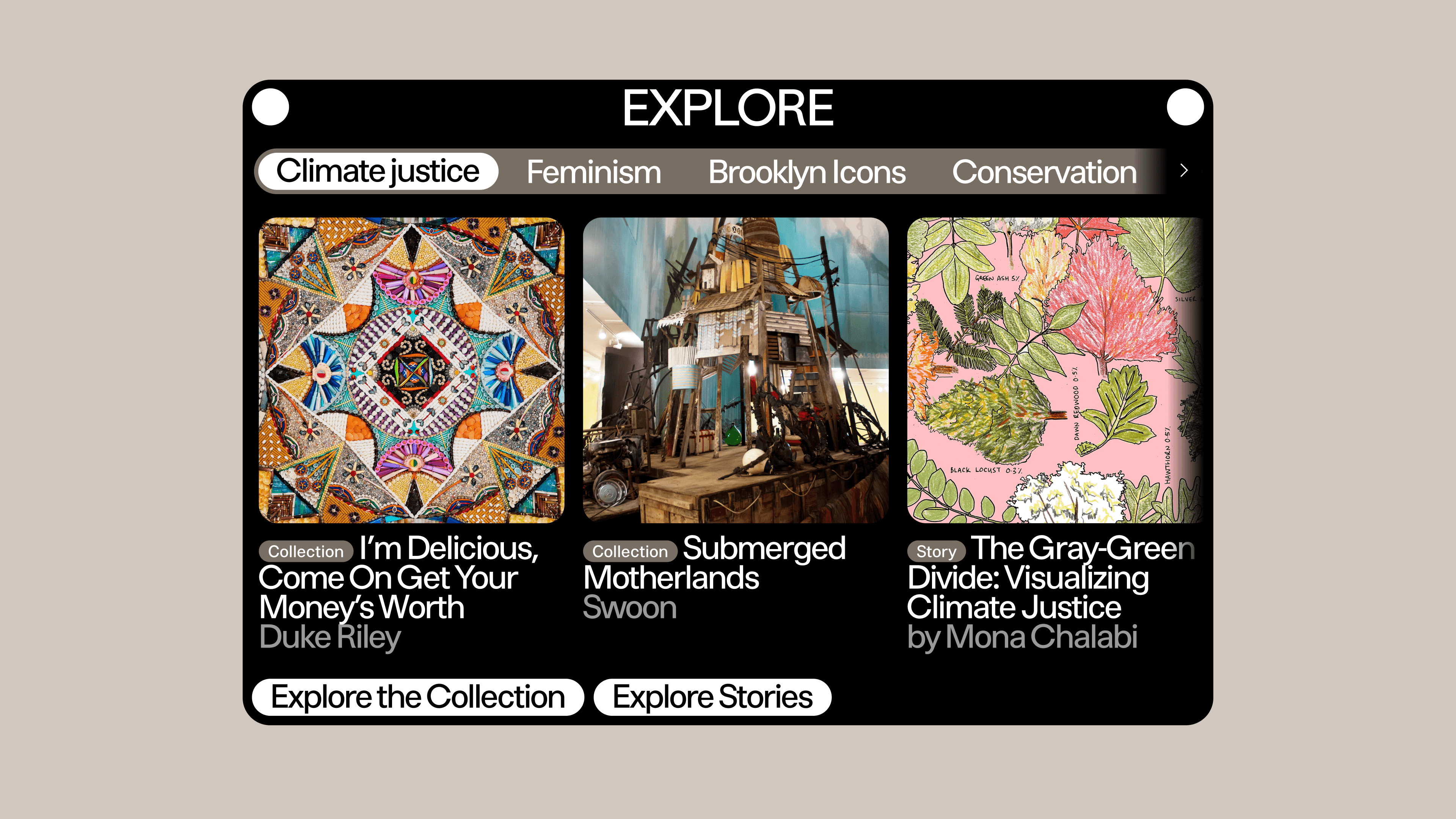 A module showing various collection objects and stories to explore.