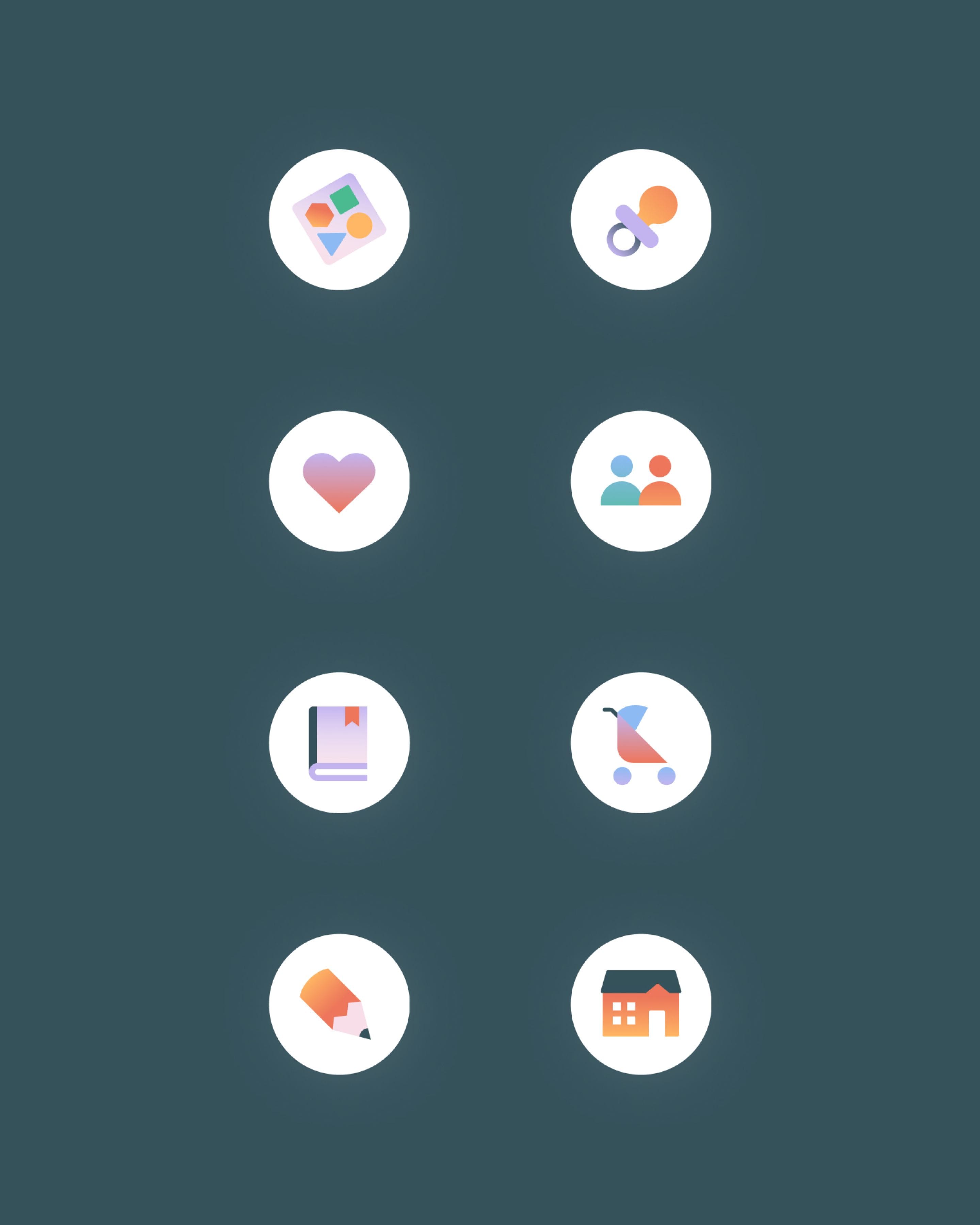 Bold geometric icons filled with bright gradients, each enclosed in a white circle, sitting on a dark teal background.