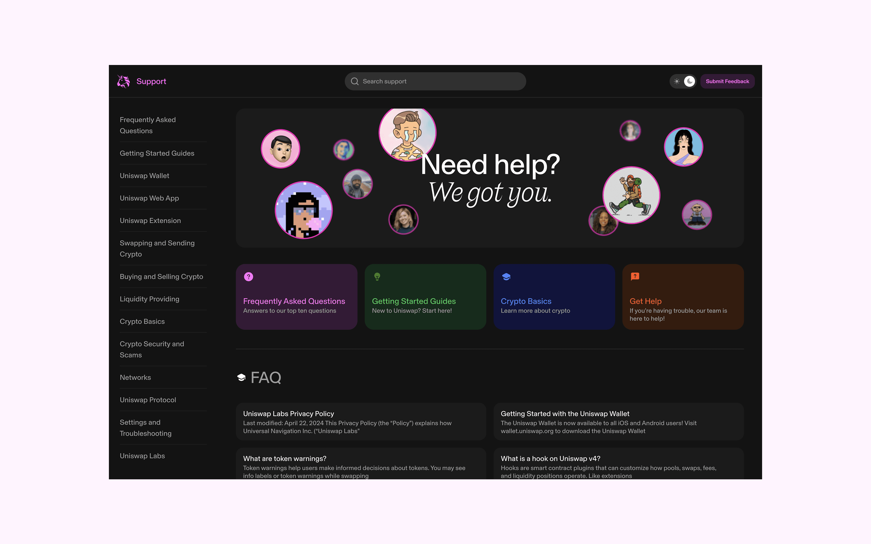 Support homepage