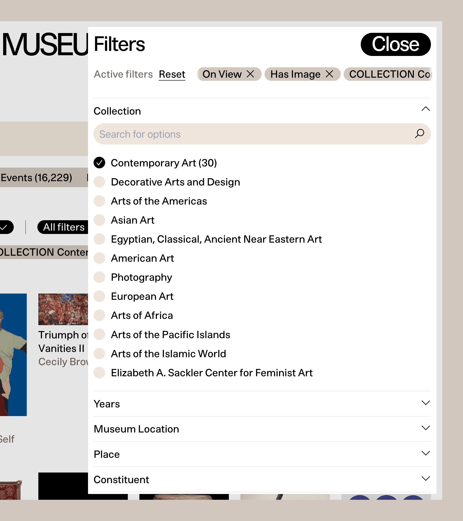 The open filters panel.