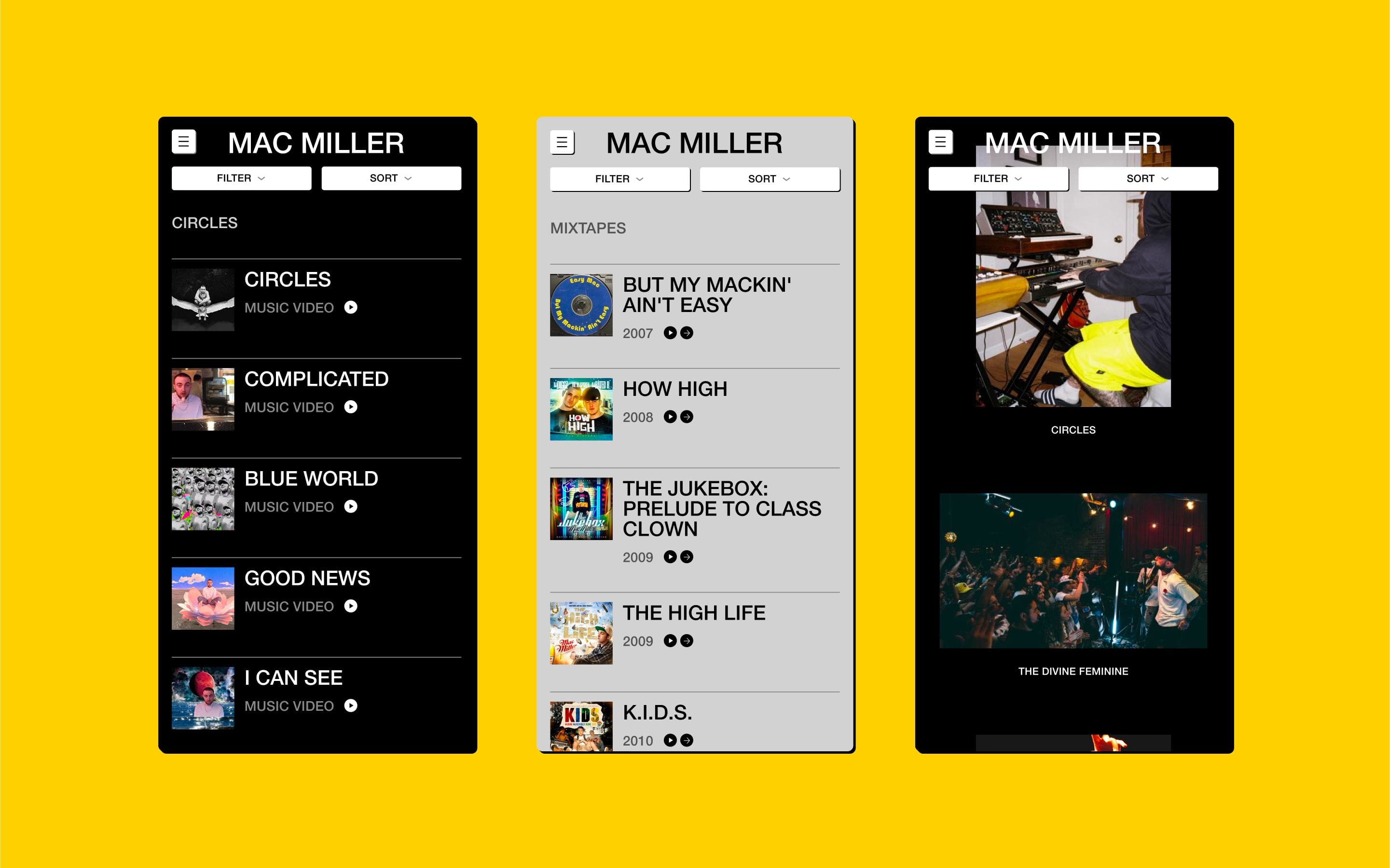 Mobile designs featuring the videos, discography, and photo archives.