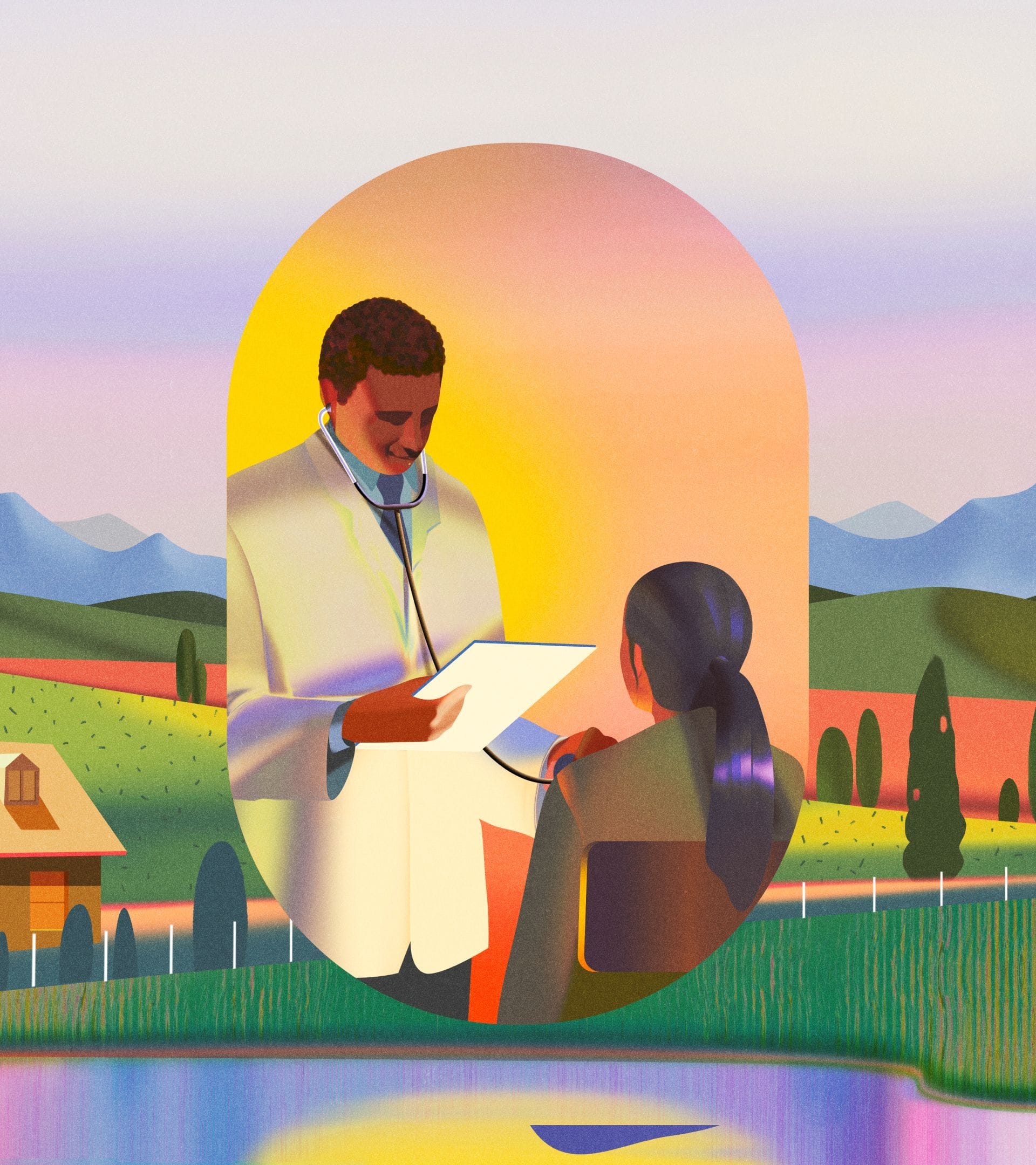 Colorful illustration of a doctor and patient in a pastoral environment