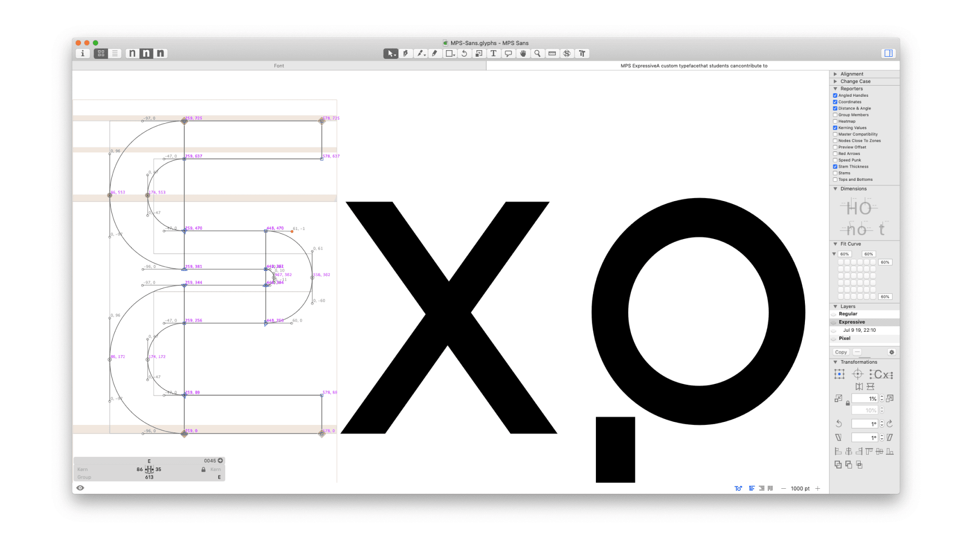 Detail view of the glyph editing in type software