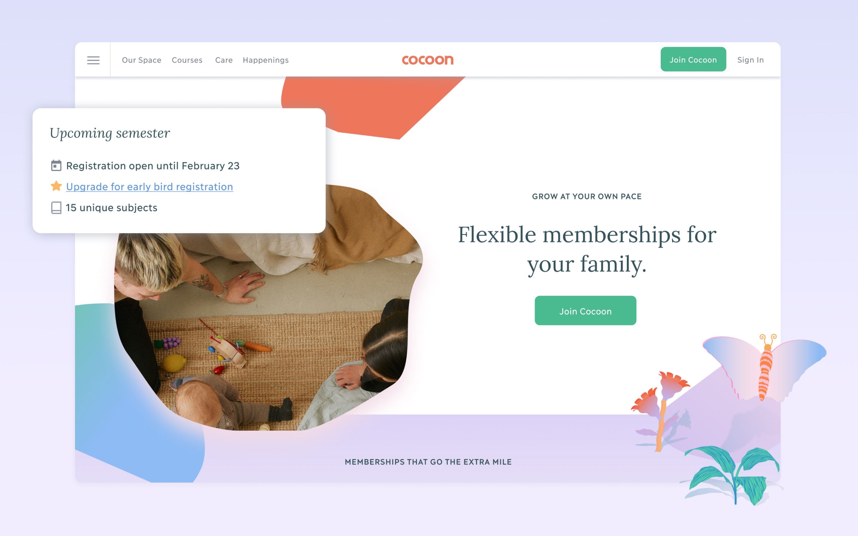 The homepage of the Cocoon website, featuring playful illustrations and friendly organic shapes.