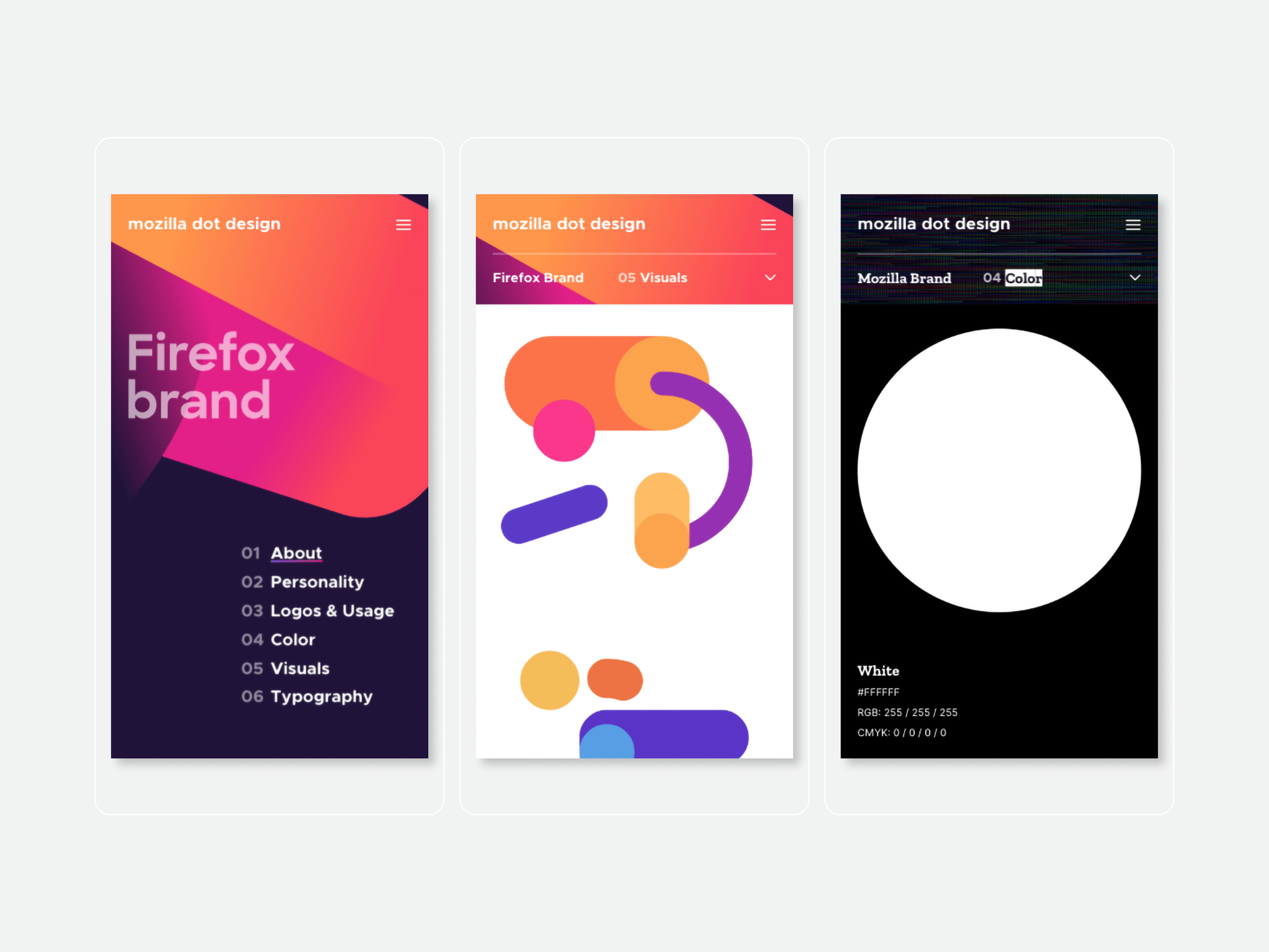Mobile screens of the Mozilla dot design website