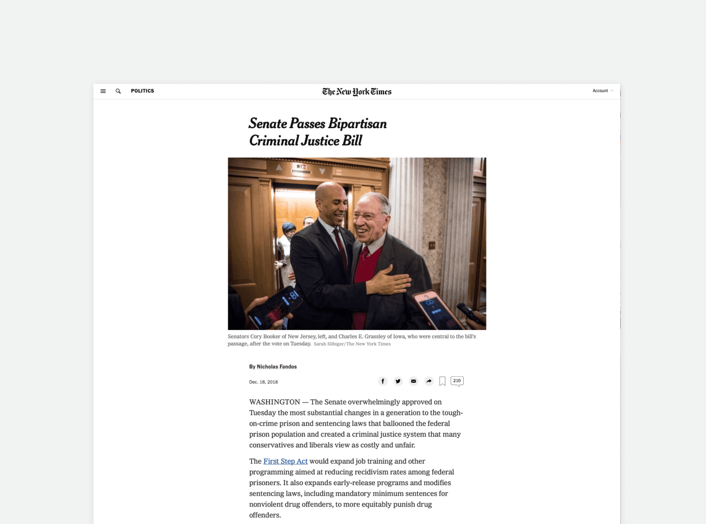 New York Times article 'Senate Passes Bipartisan Criminal Justice Bill', shown with the lede and opening reporting visible below the photo of the bill's sponsors.