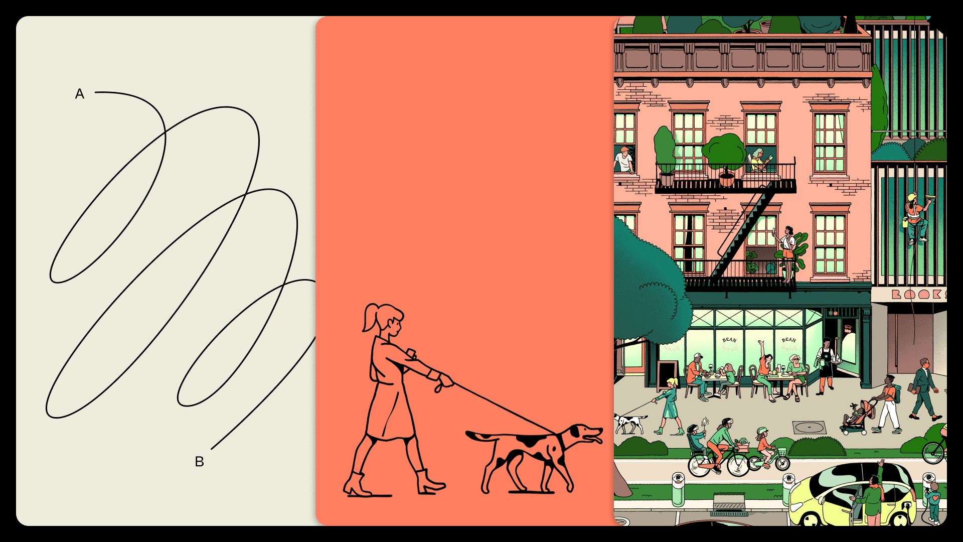 Three layers of the Modern Life illustration system: line drawing on cream, silhouette on coral, and a colorful brownstone scene.