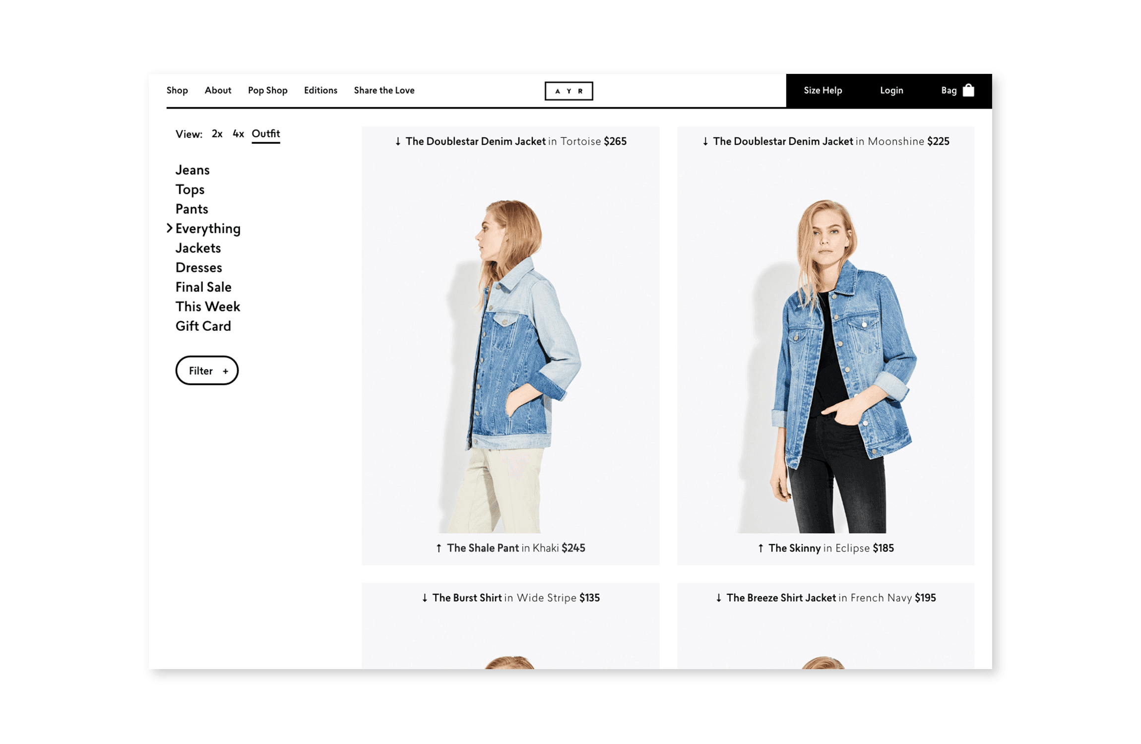 AYR category page showing a grid of denim jackets and other products on models against a white background.