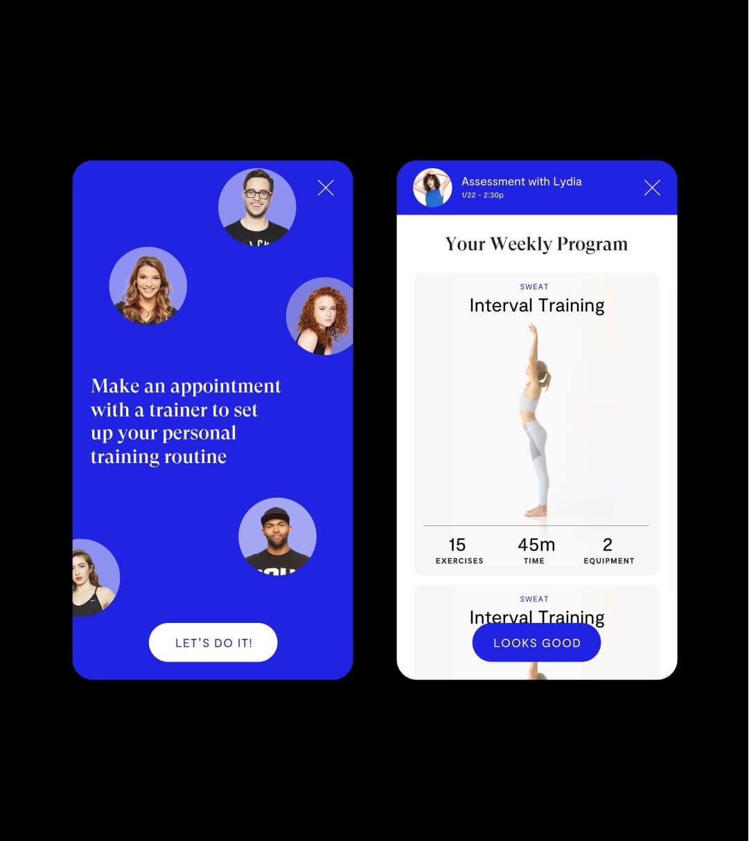 Mirror companion app on iPhone showing a trainer-booking screen alongside a weekly program card for an Interval Training session.
