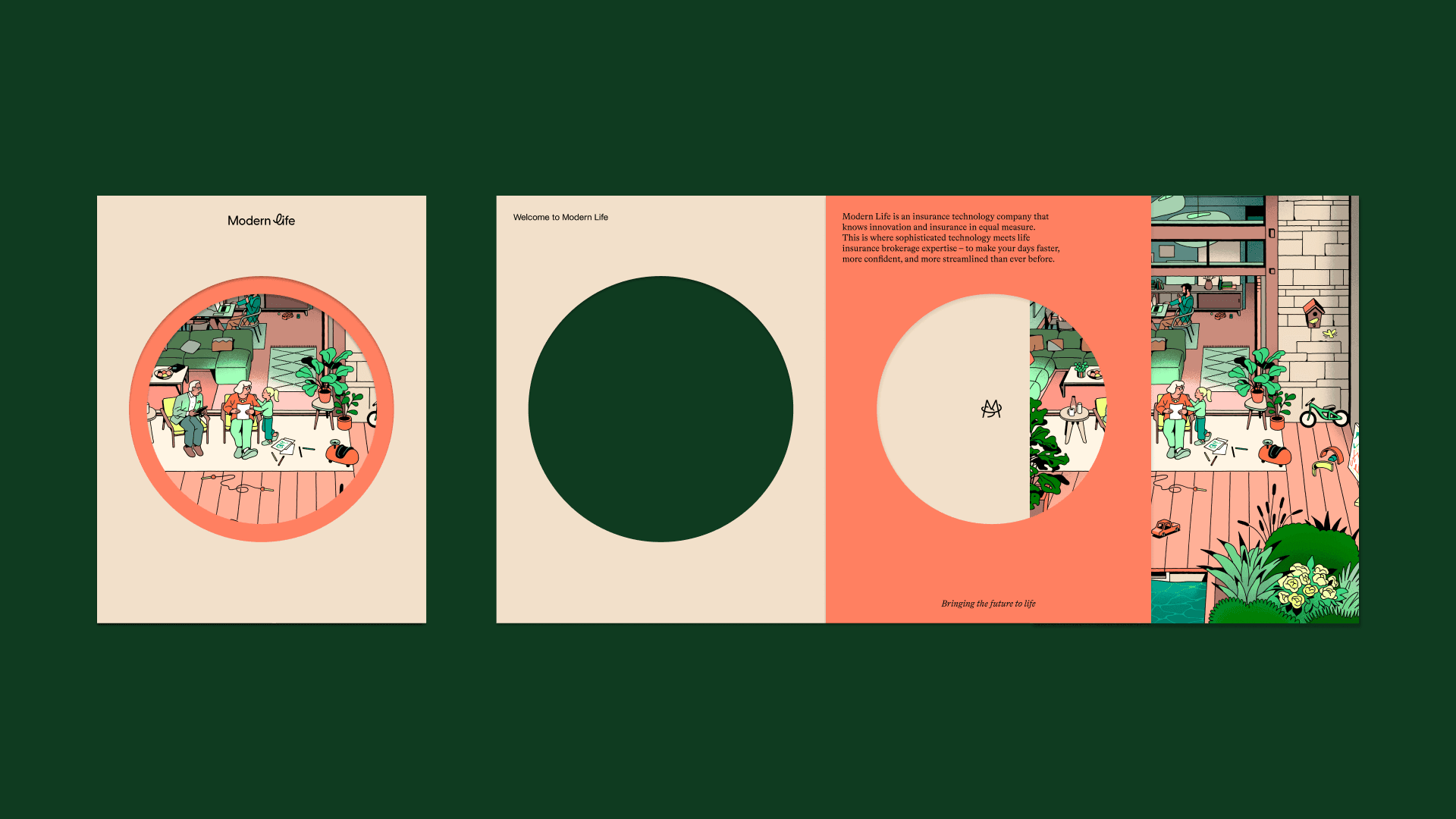 Modern Life printed booklet spread on a green background, with circular illustrations of household scenes.