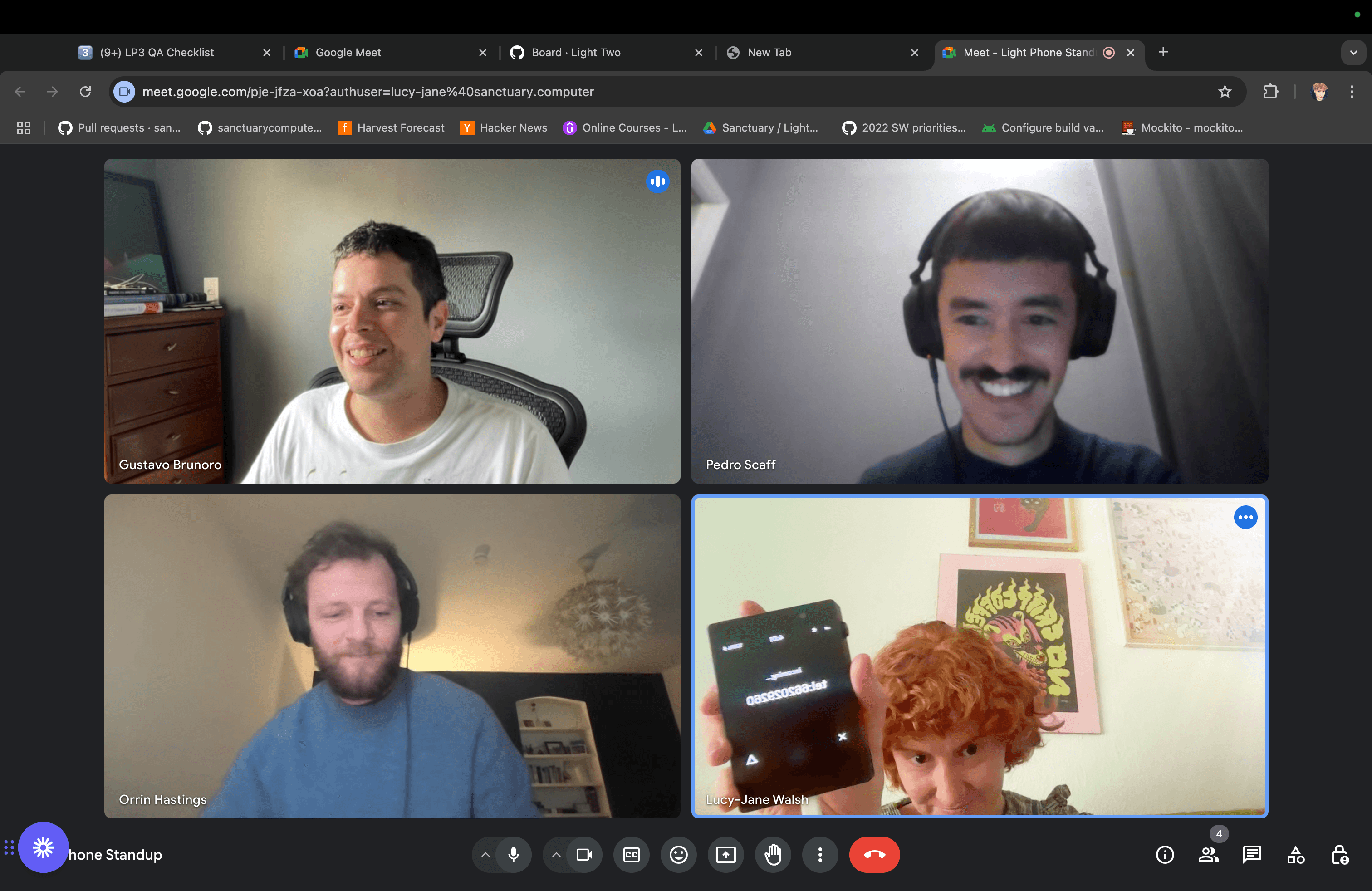 Sanctuary Computer developers on a video call with the Light team during the first call placed on a Light Phone III prototype.