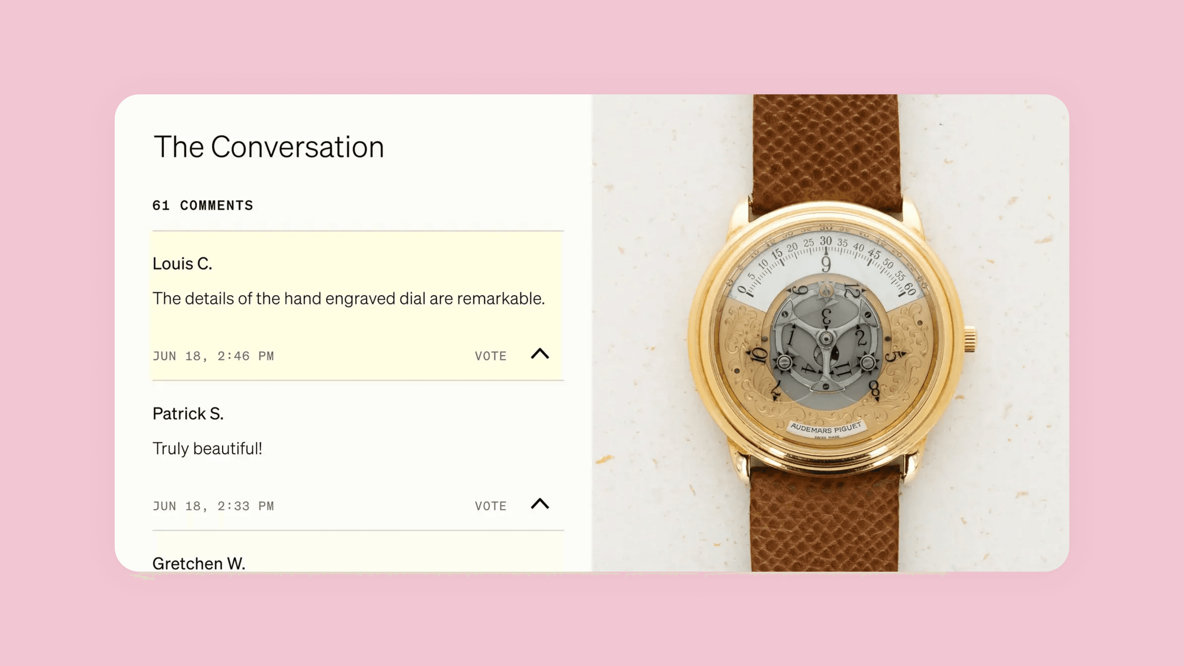 Loupe This ‘The Conversation’ comment thread on a pink background, with collector comments alongside a watch photograph.