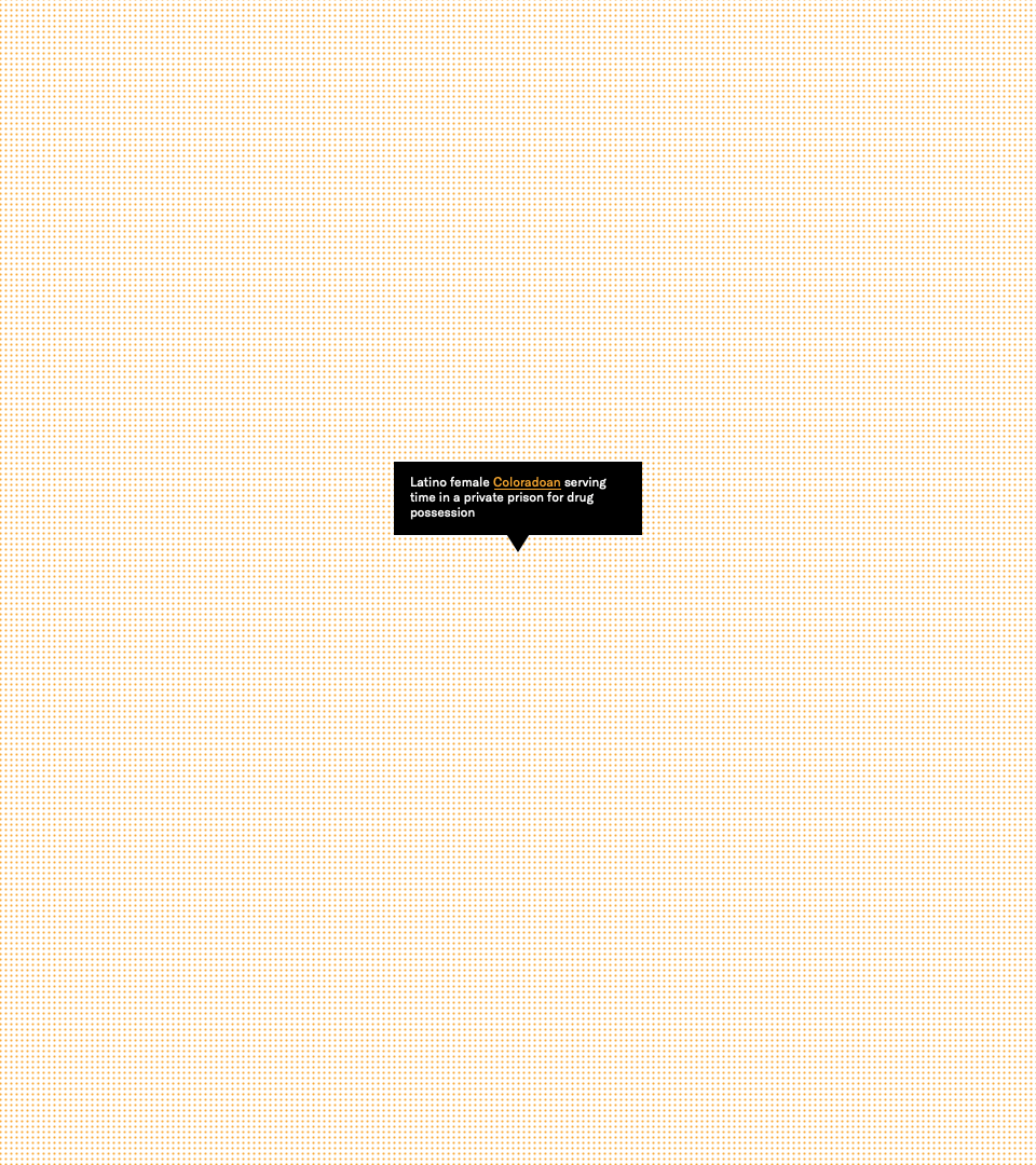 Cover for the 50 State Blueprint: a cream-colored dot grid representing every U.S. prisoner, with one tooltip highlighting a Latina woman jailed for drug possession in Colorado.