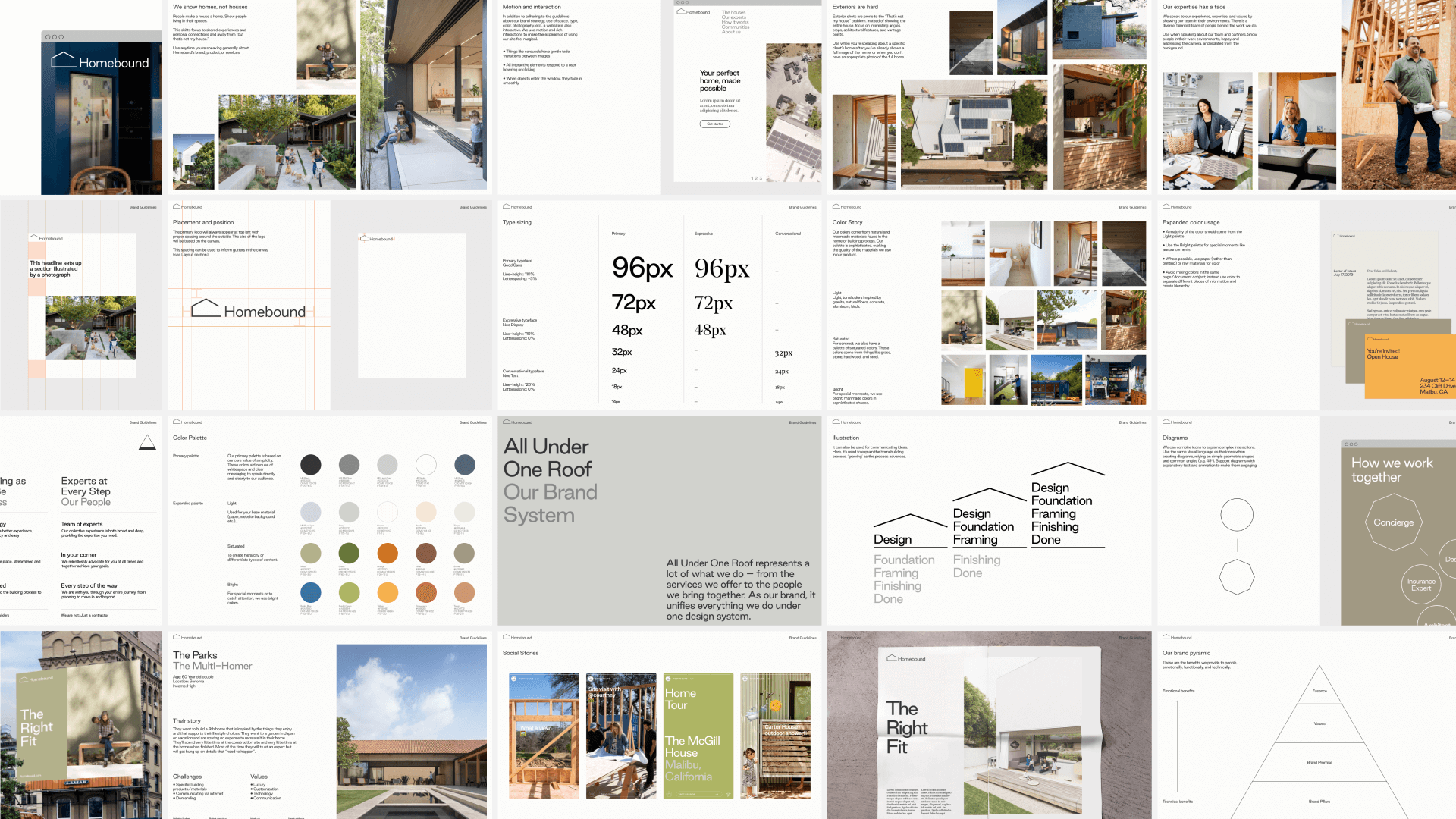 Spreads from the Homebound brand guidelines book covering logo, type, color, and photography.