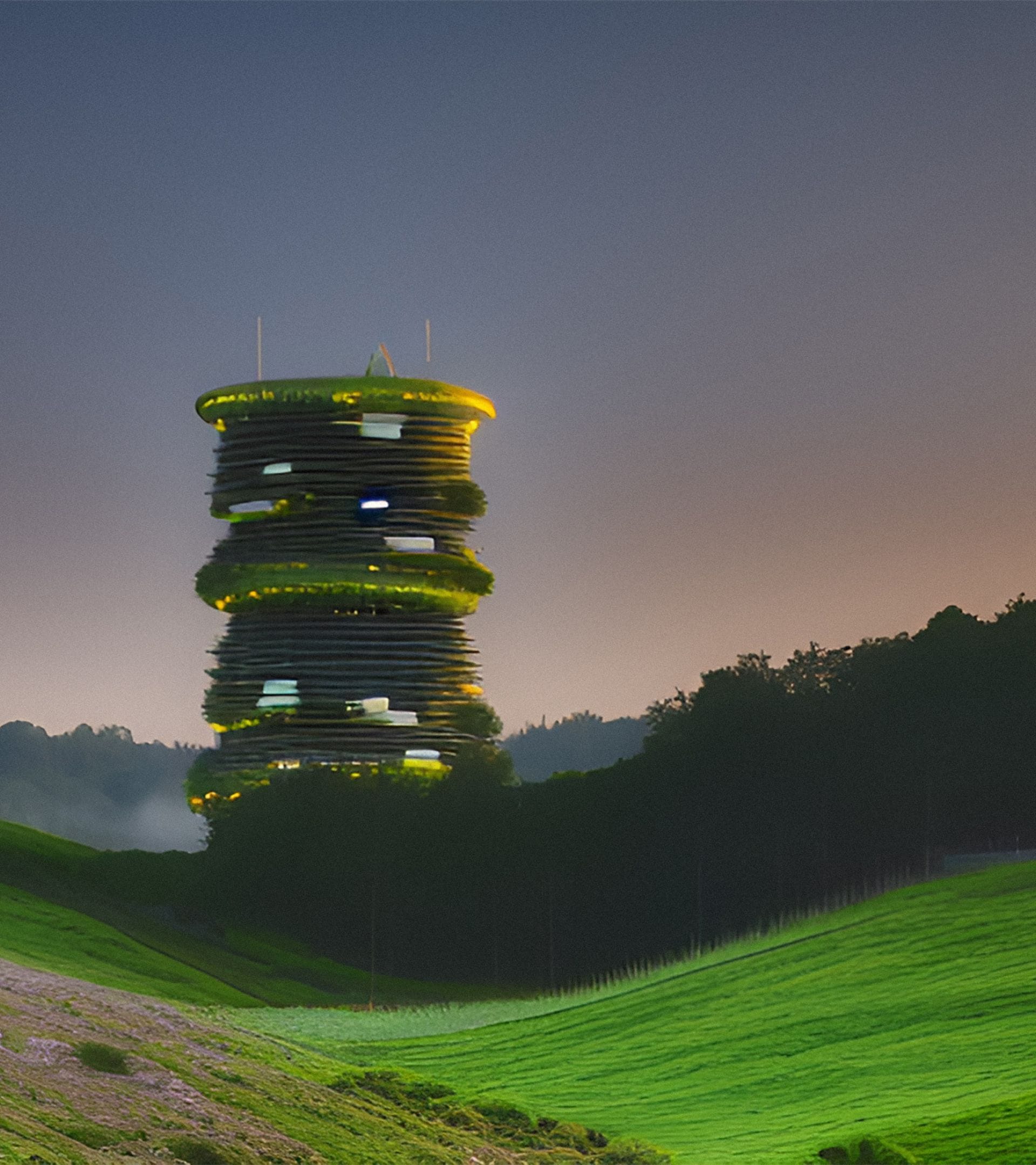 AI-generated render of a tower of stacked, terraced platforms wrapped in greenery, set against a green hillside at dusk.