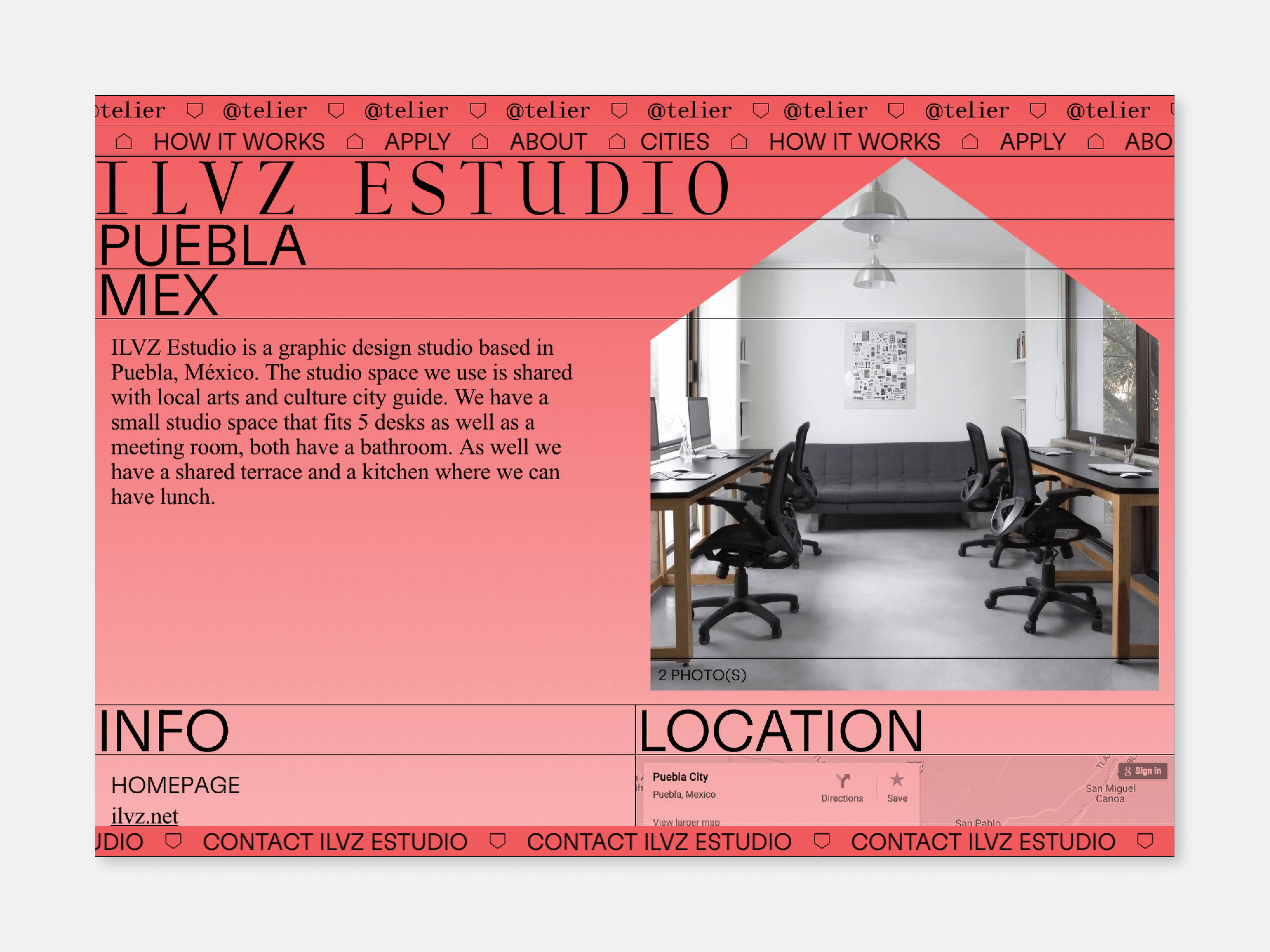 Studio detail page for ILVZ Estudio (Puebla, Mexico) on the @telier site, showing studio info and a photo of a desk-filled workspace.