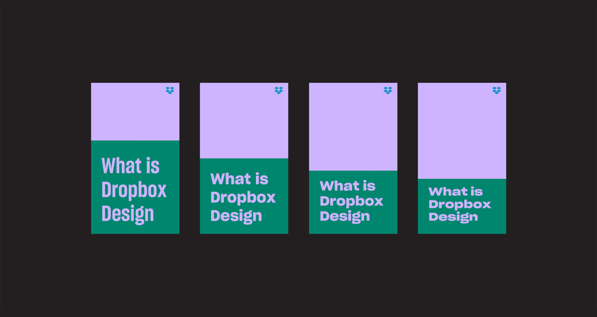 ‘What is Dropbox Design’ article preview shown at four responsive widths in green and lavender.