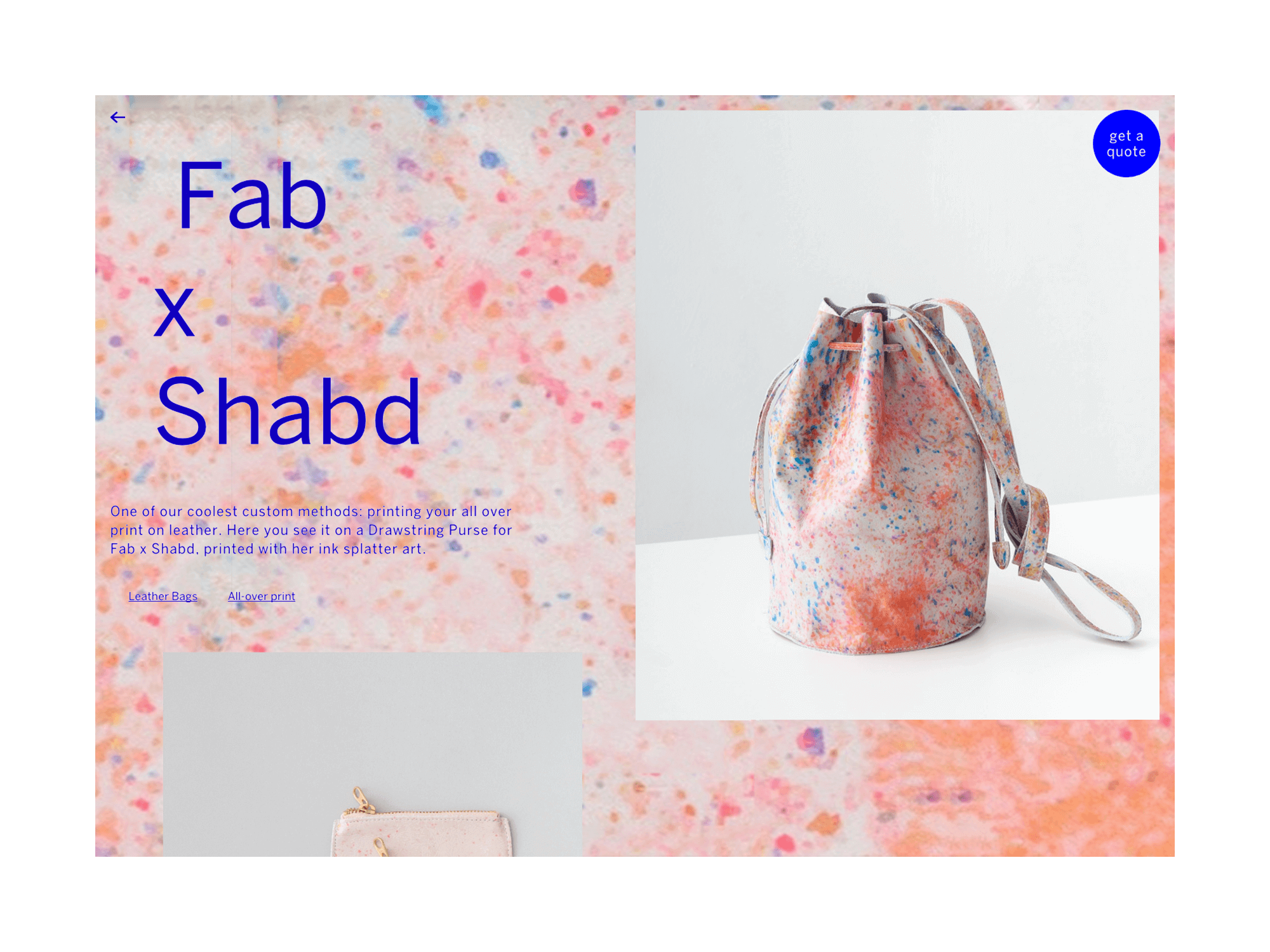 Project page for the Fab x Shabd collaboration: a custom-painted drawstring purse on a pink-and-orange splatter background.