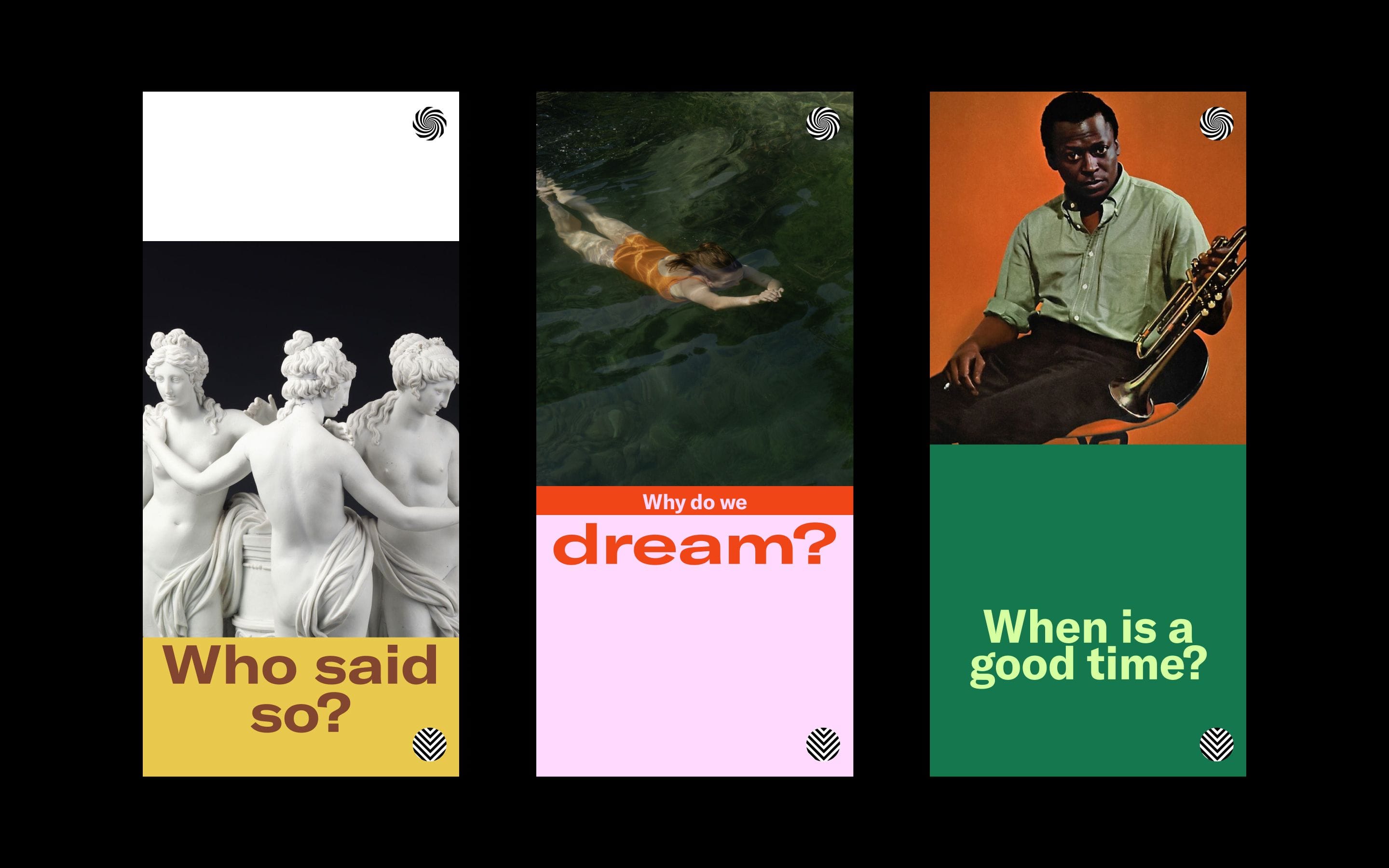 Three Fishbird mobile screens with photographs and the questions ‘Who said so?’, ‘Why do we dream?’, and ‘When is a good time?’