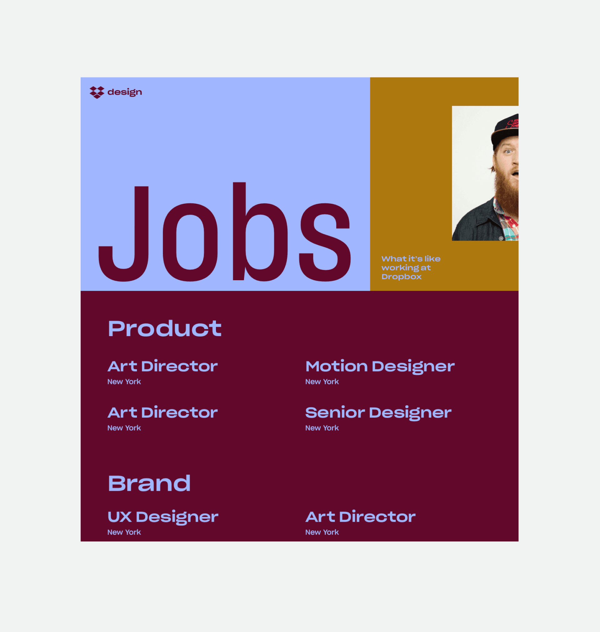 Dropbox Design Jobs page listing Product and Brand roles in New York alongside a photo of a designer.