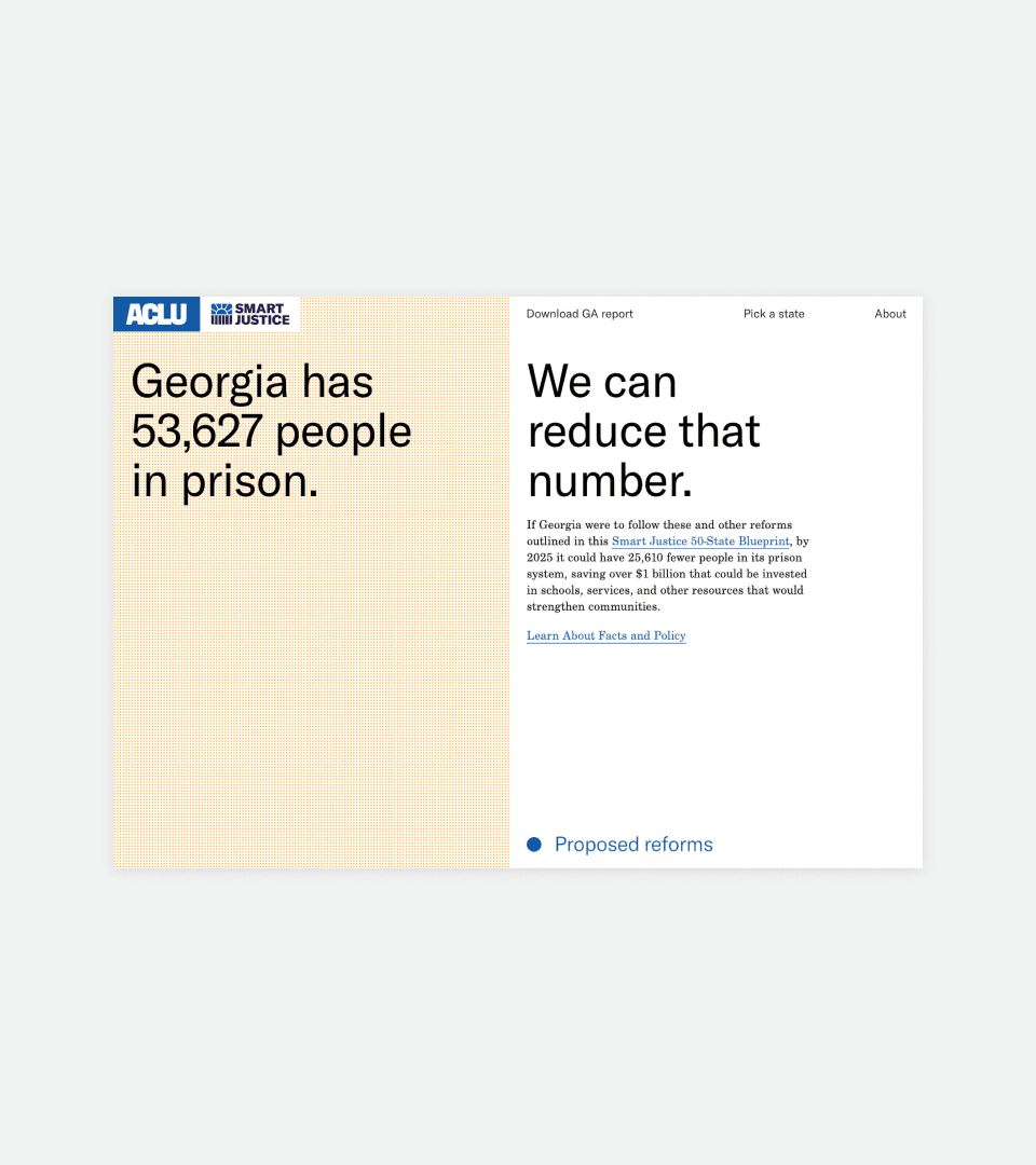 Left side of Georgia's state page on the 50 State Blueprint: 'Georgia has 53,627 people in prison' alongside the pitch 'We can reduce that number.'