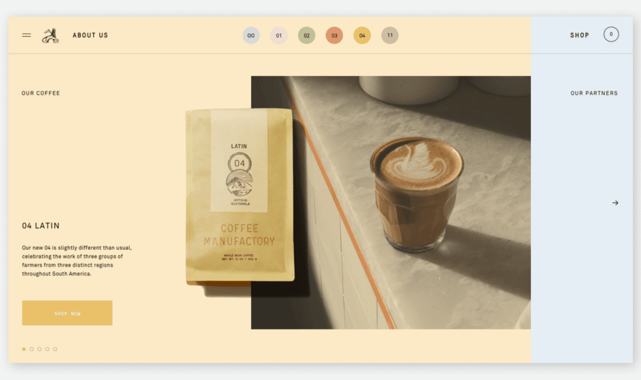 Coffee Manufactory homepage showing the ‘04 LATIN’ single-origin coffee bag next to a glass mug of latte art.