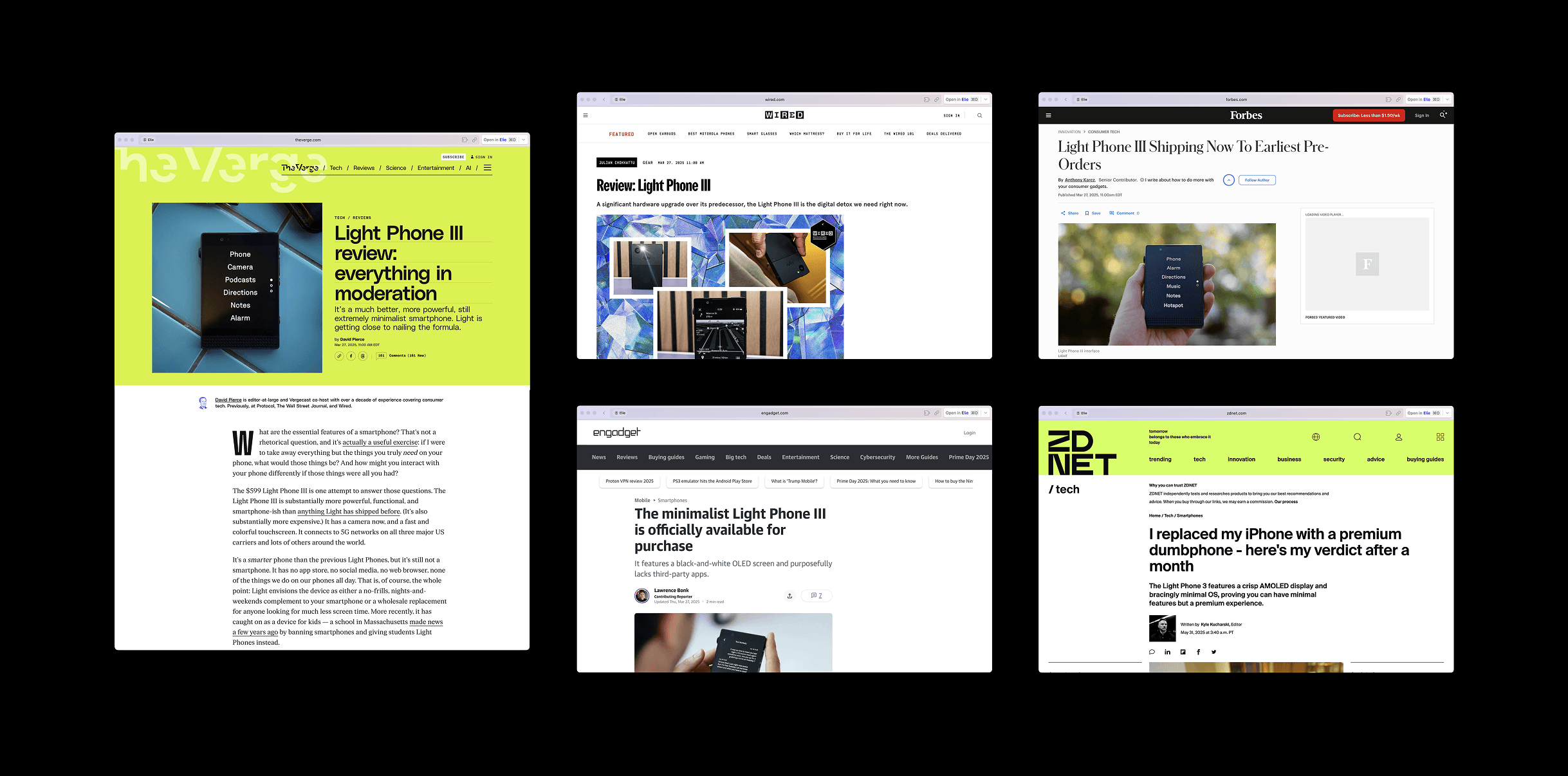 Collage of Light Phone III press coverage from The Verge, Wired, Forbes, Engadget, and ZDNet.