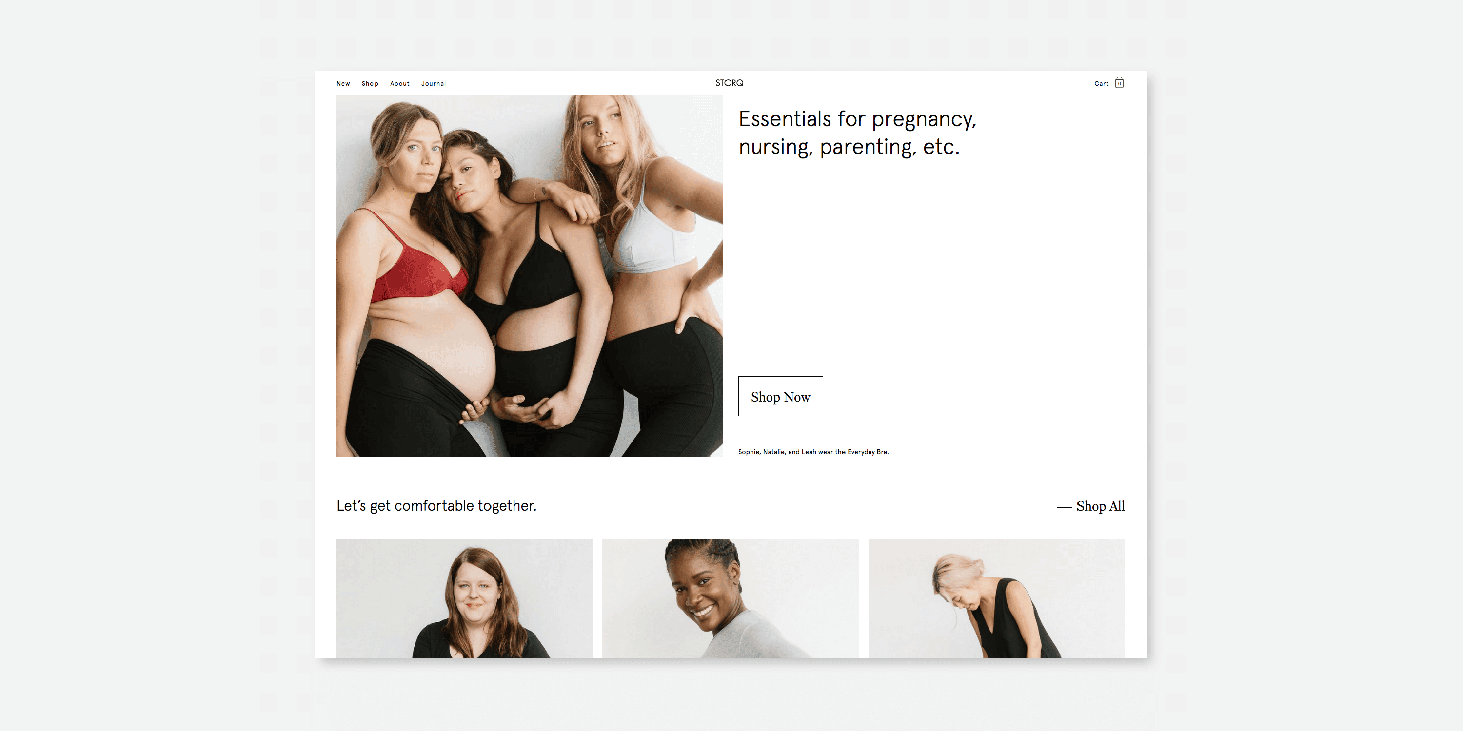 The Storq homepage, with three pregnant women in maternity essentials and a “Shop Now” call to action.
