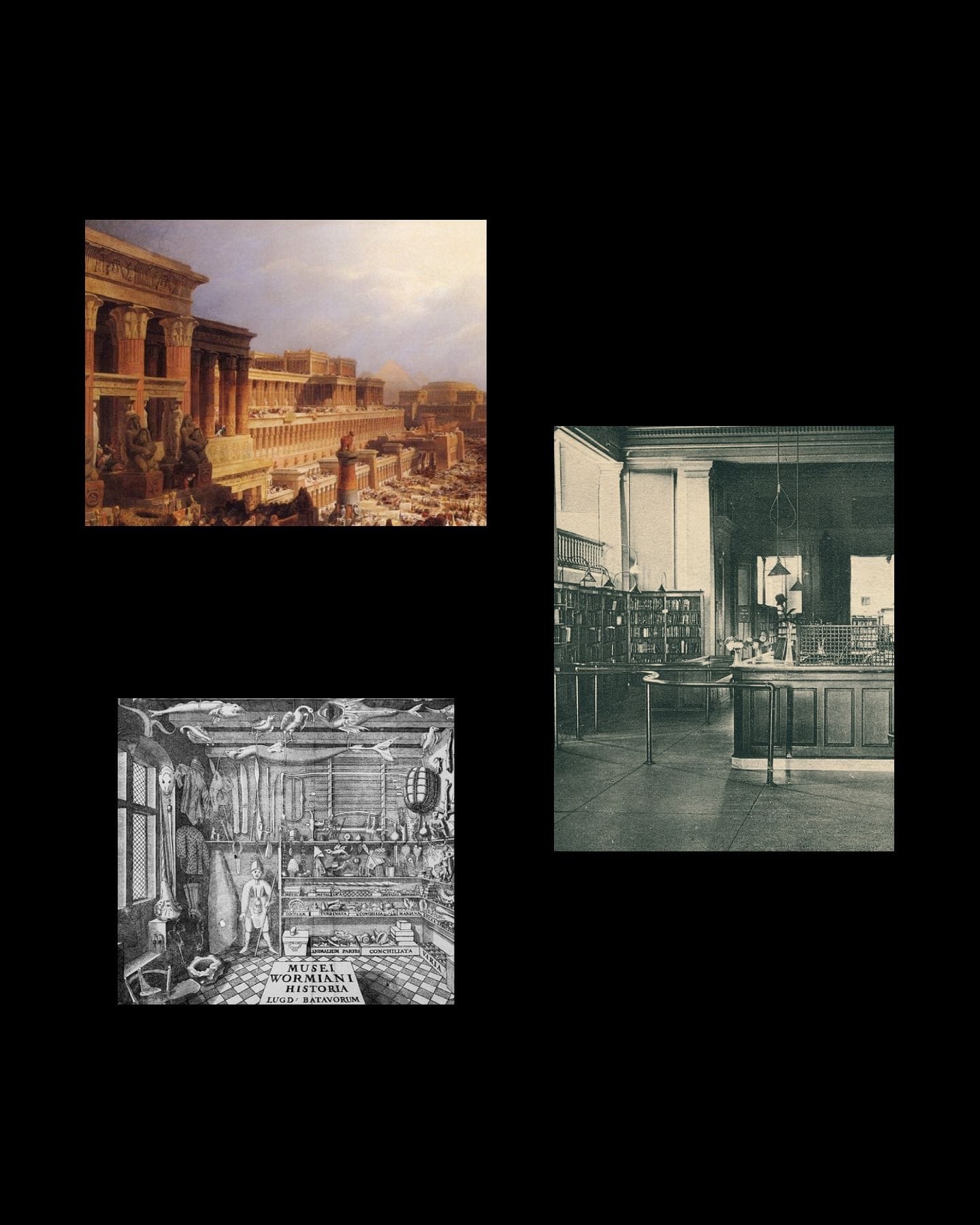 An Index inspiration board showing a Roman colonnade painting, a historical library photo, and an antique cabinet of curiosity print.