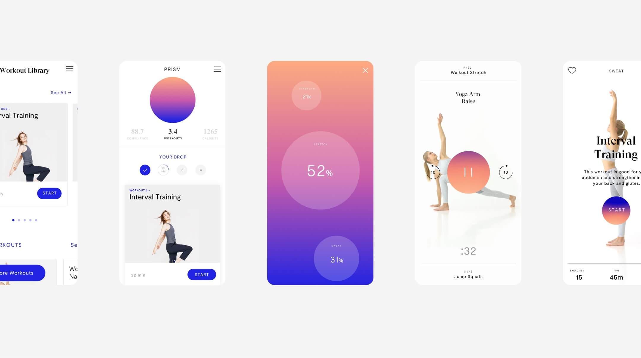 Collage of Mirror companion app screens showing the workout library, training stats with progress rings, and an interval training prompt.