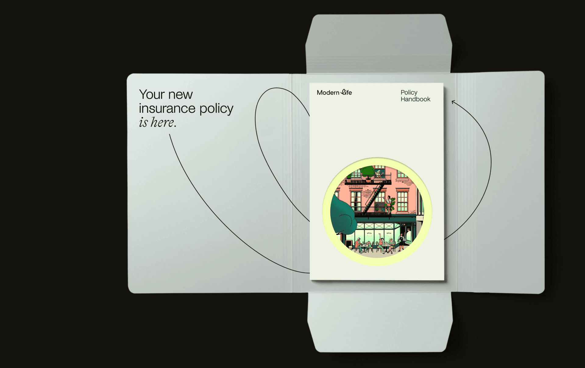 Modern Life policy handbook open inside a cream folder, showing the cover ‘Your new insurance policy is here.’ next to the policy booklet.