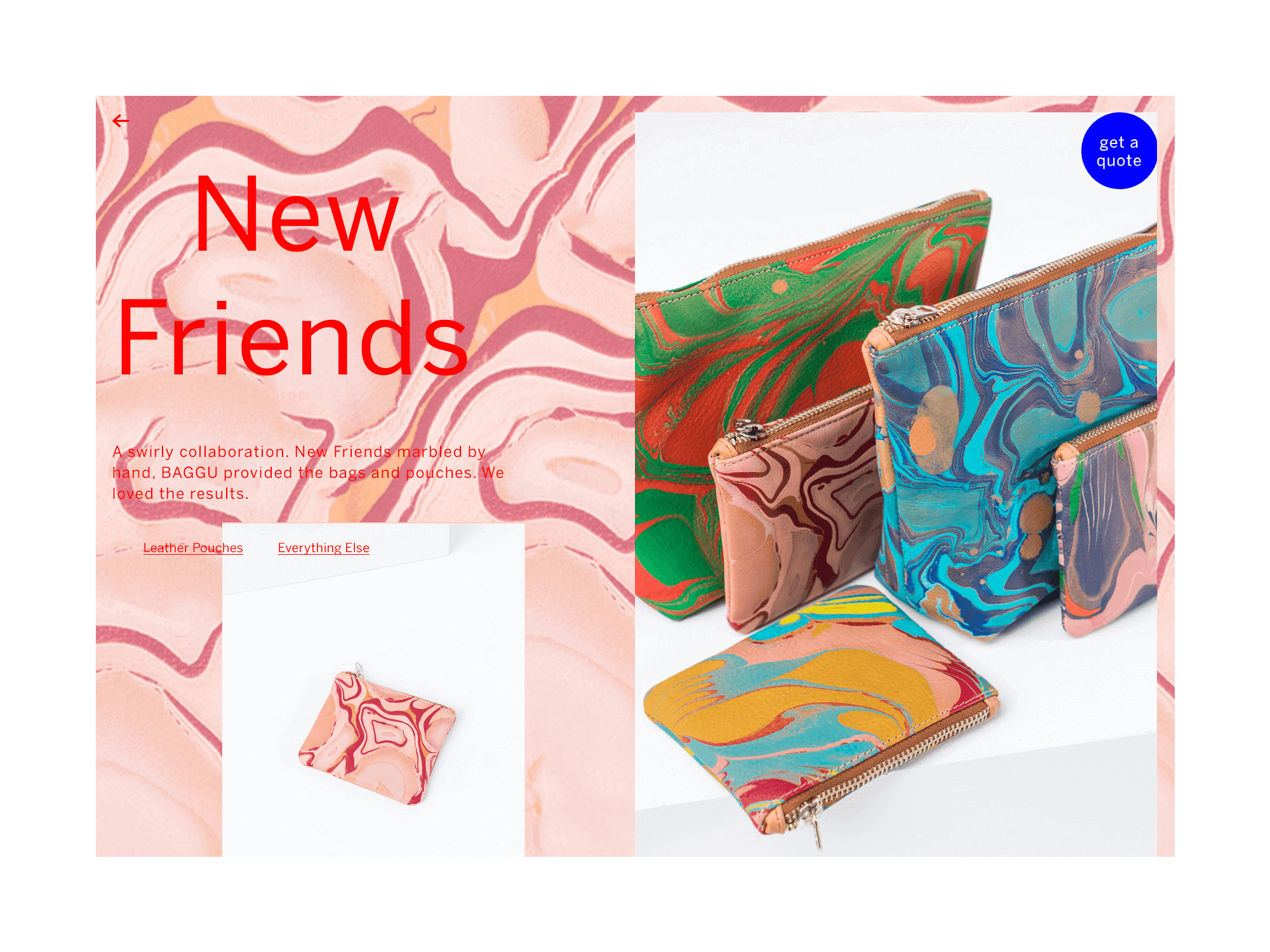 Project page titled ‘New Friends’ showing marbled coin purses in bright greens, blues, and orange on a pink marbled background.