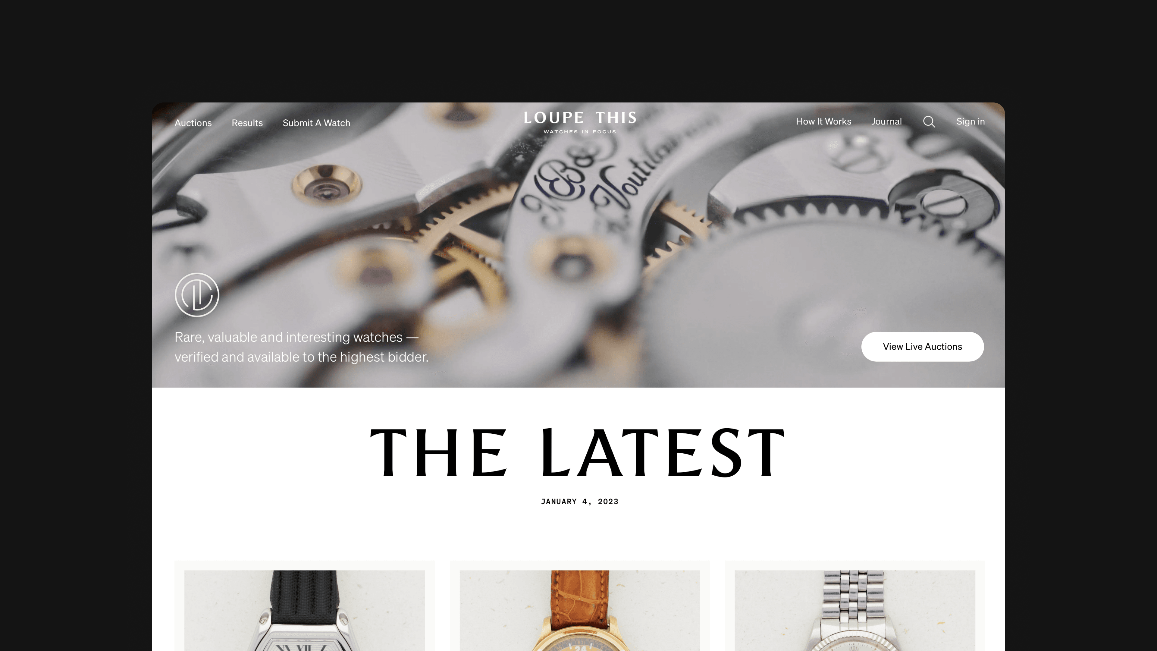 Loupe This homepage hero showing a watch-movement close-up above a ‘The Latest’ grid of auction lots.