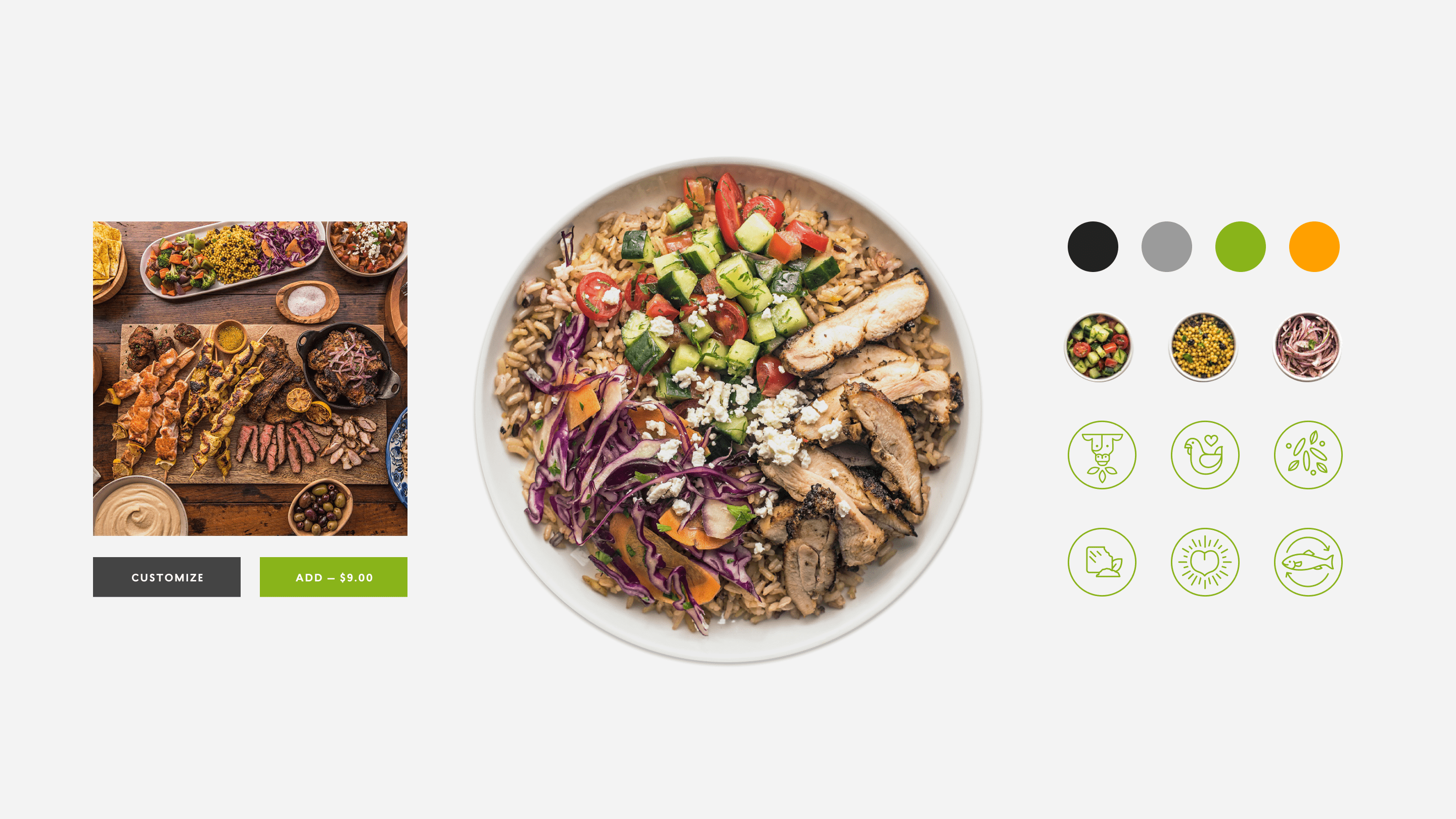 Composite of Rōti’s online ordering UI on mobile, showing the menu and dish customization screens.