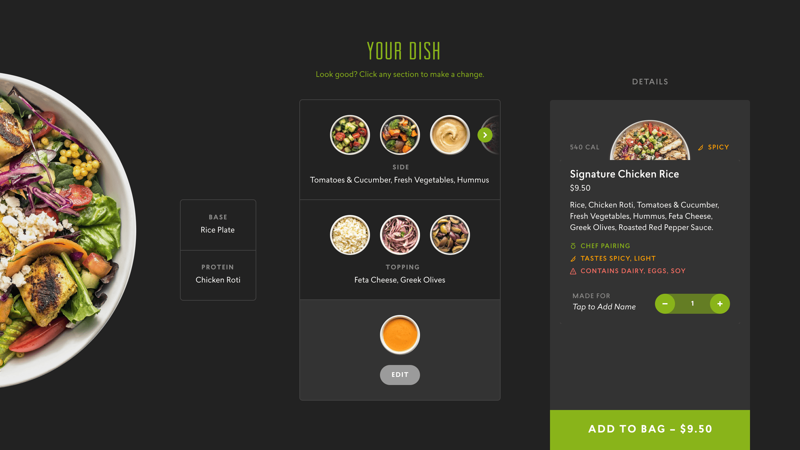 “Your Dish” screen on Rōti, summarizing base, protein, and topping selections.
