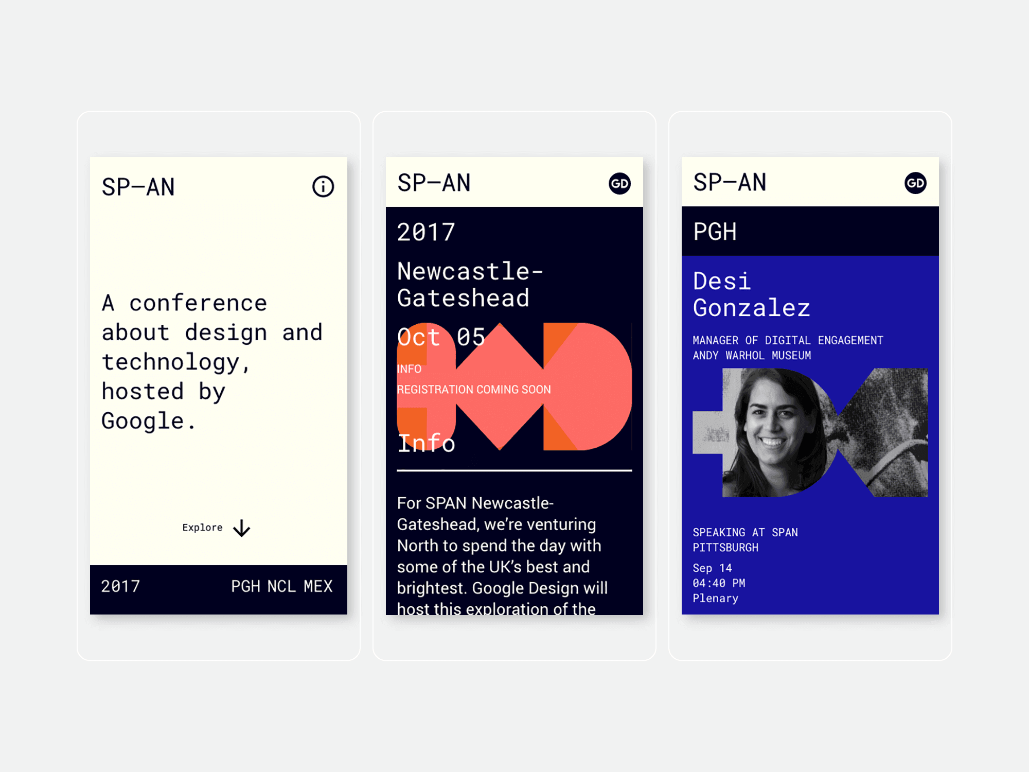 Three Google SPAN website mobile screens showing the SP–AN wordmark, conference info for Newcastle-Gateshead 2017, and a speaker page for Desi Gonzalez.