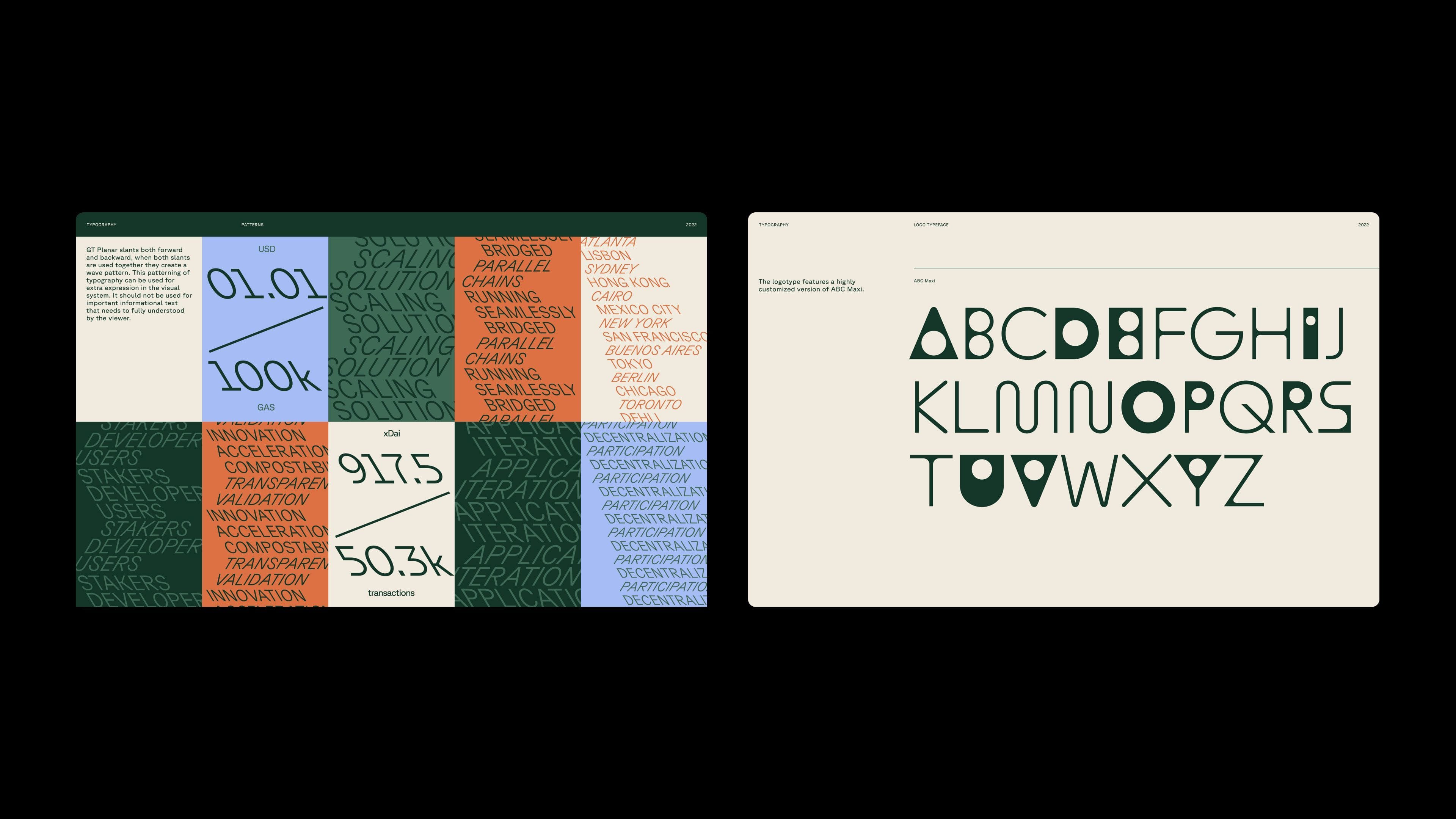 Sneak peek at Gnosis brand guidelines showing alphabet specimens and statistics modules.