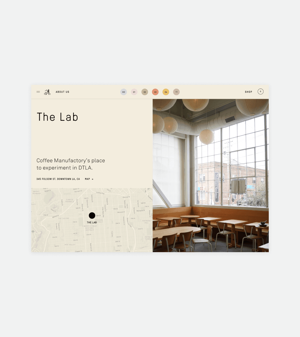 Coffee Manufactory ‘The Lab’ info page describing the DTLA experimentation space, with a photo of the cafe interior and a hand-drawn location map.