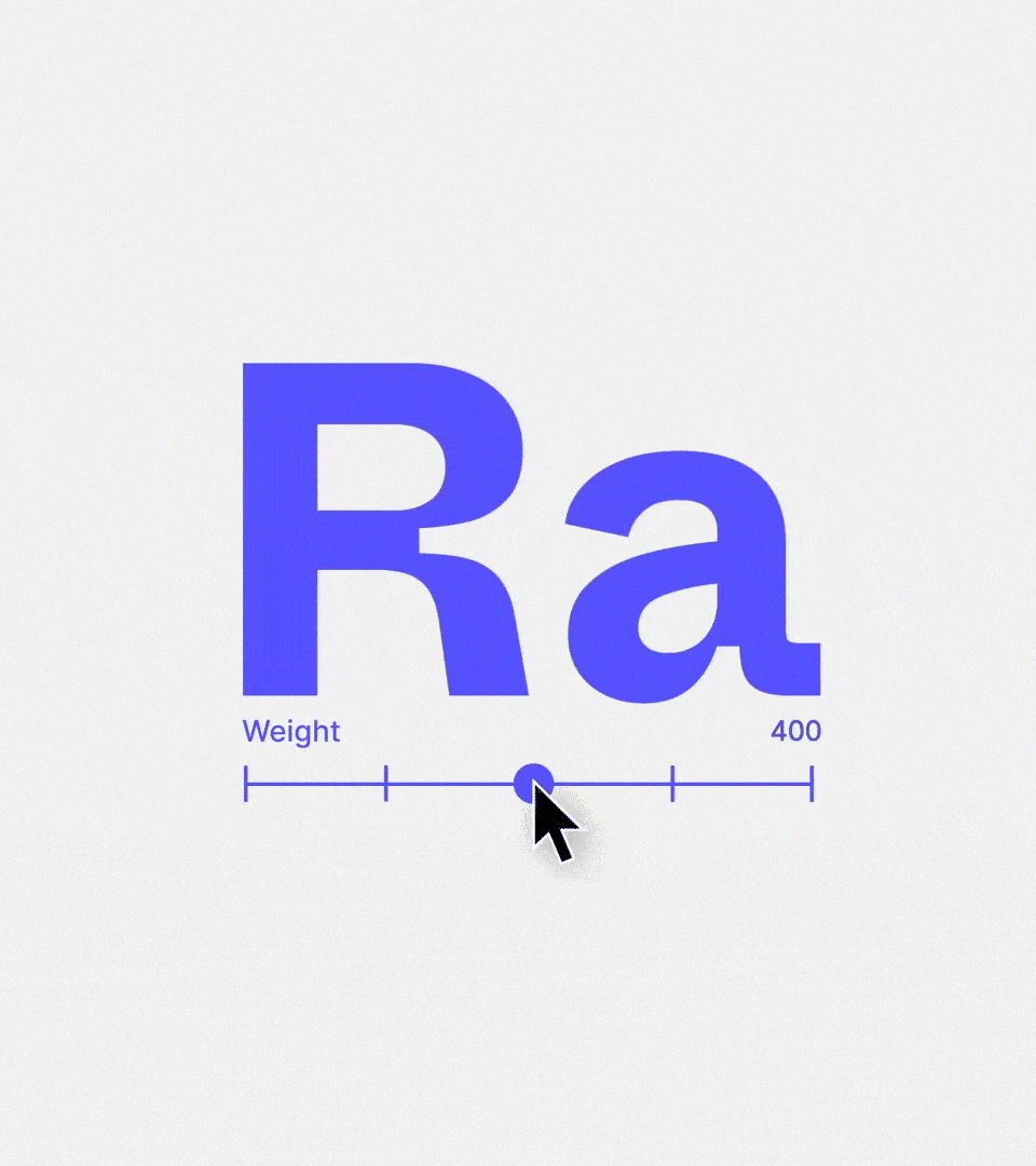 Cover graphic: the letters ‘Ra’ in Figma blue with a weight slider underneath set at 400, animating between font weights.