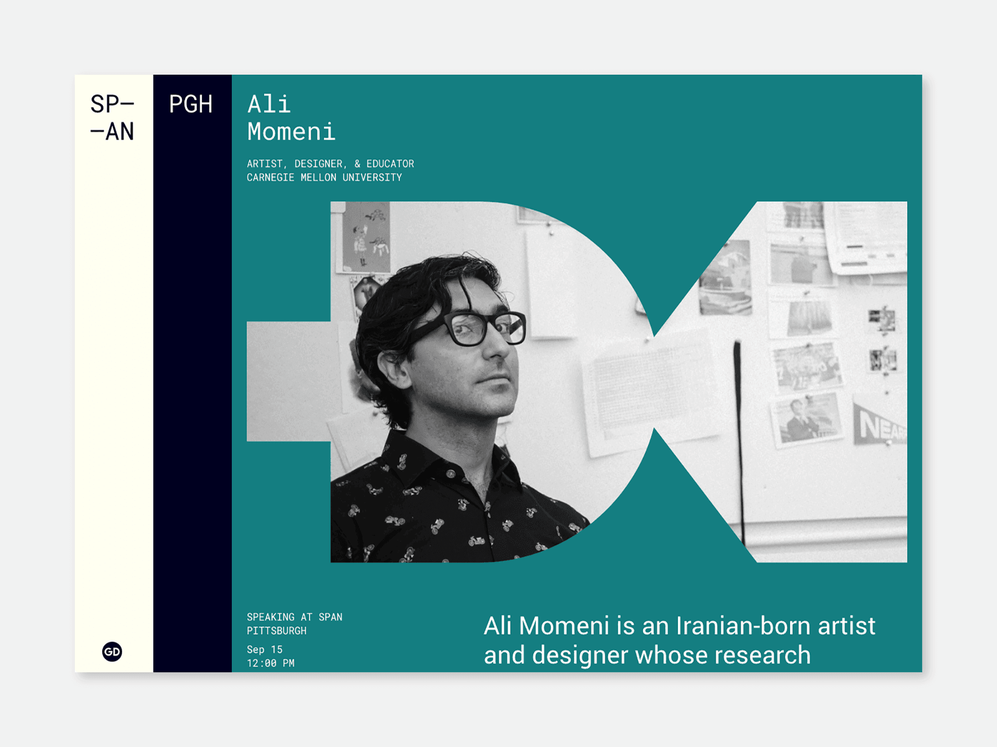 Google SPAN speaker detail page for Ali Momeni with a portrait photo layered behind a teal vignette shape.