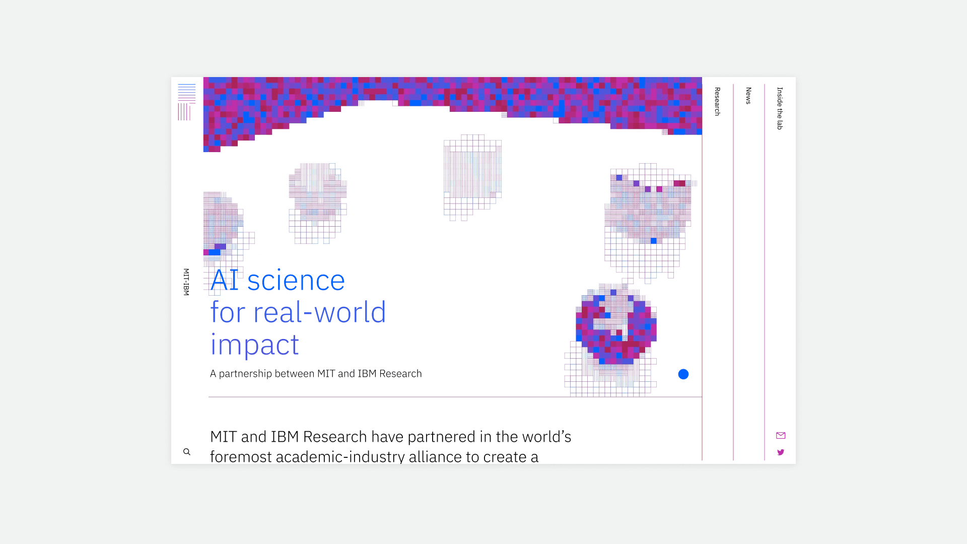 MIT-IBM Watson AI Lab homepage with the headline ‘AI science for real-world impact’ and a row of pixelated brand visuals.