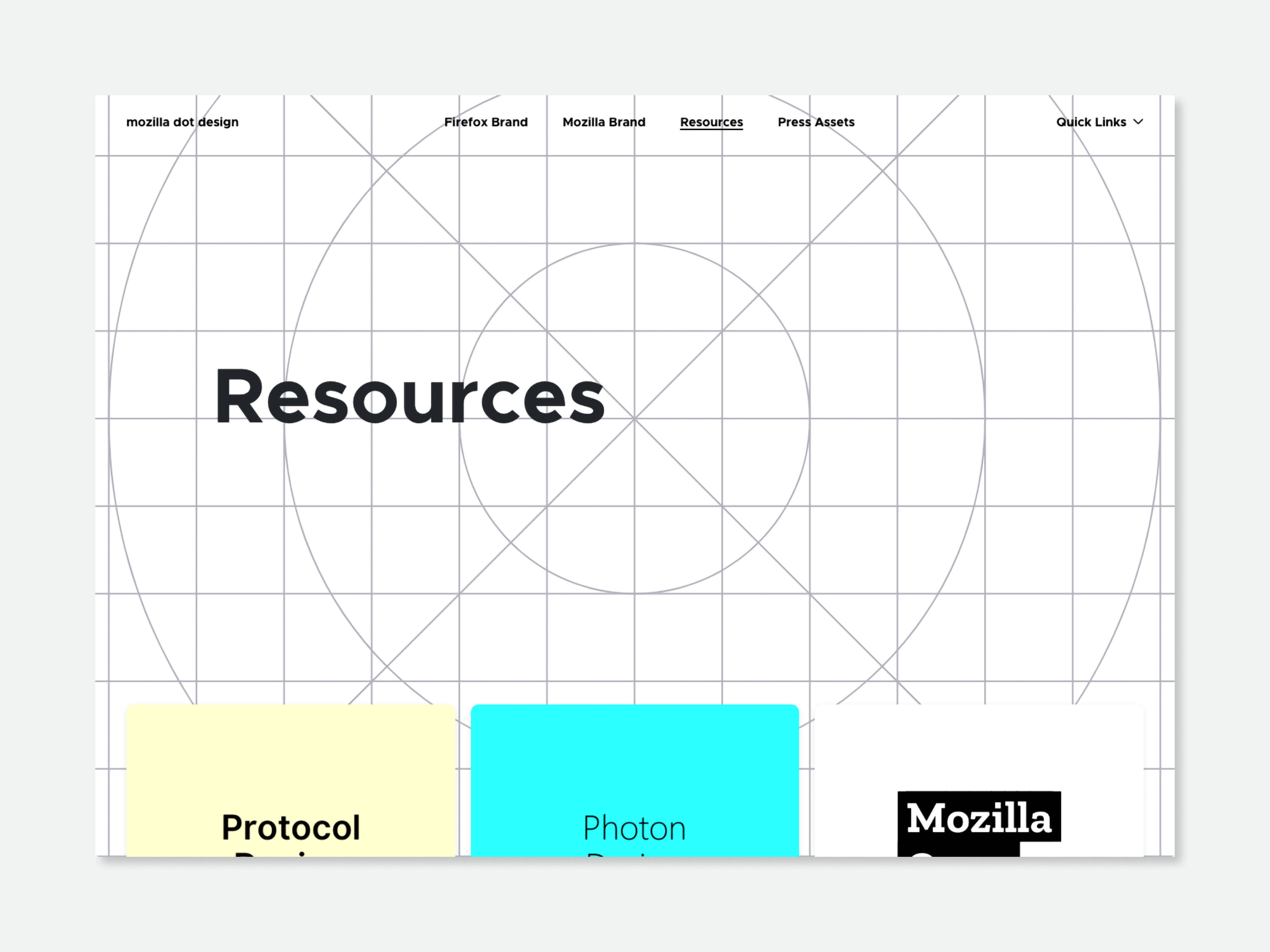 mozilla.design Resources page, with a centered ‘Resources’ headline and large tiles for Protocol and Photon design assets.