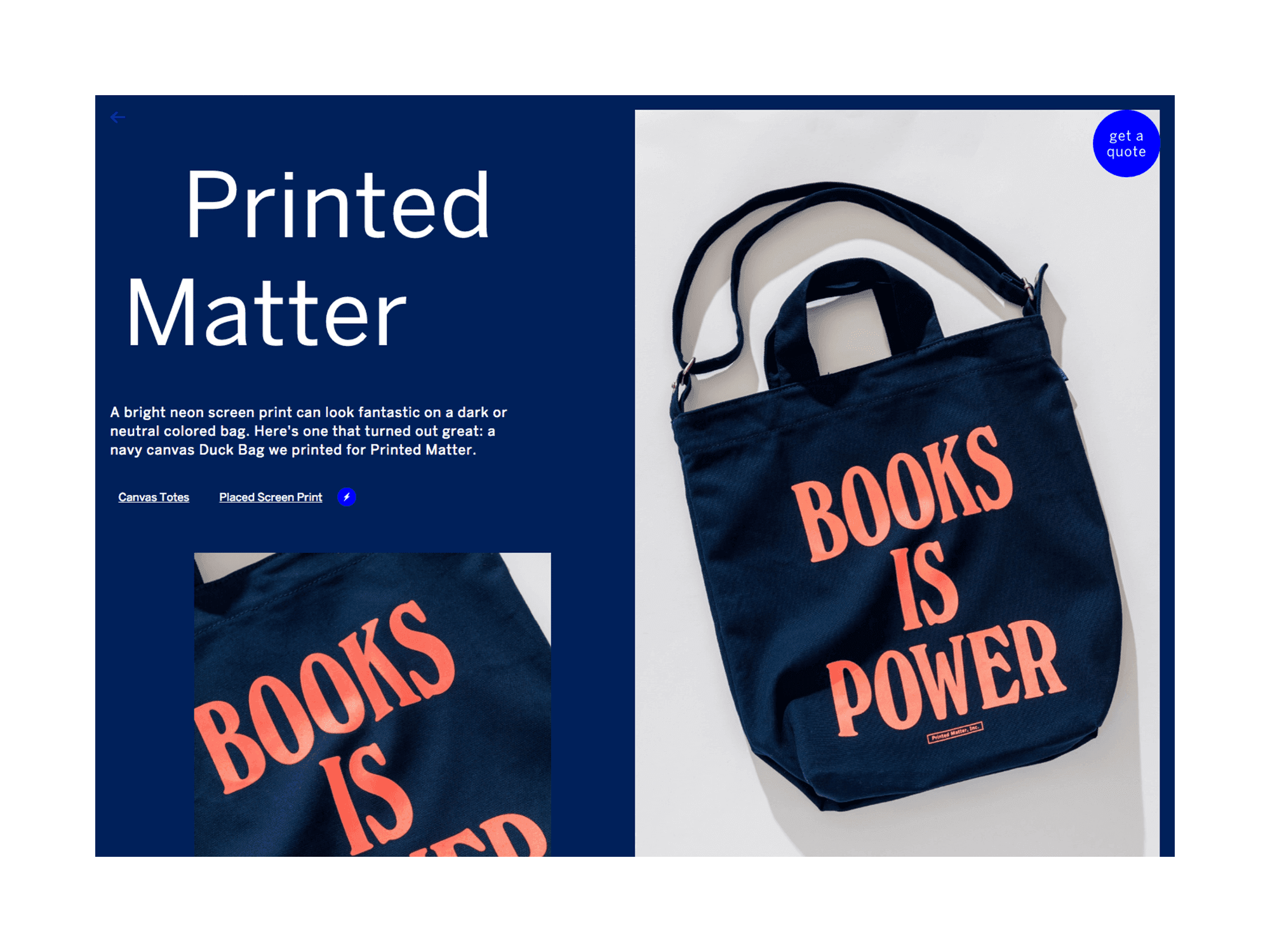 Project page titled ‘Printed Matter’ showing a navy canvas tote screen-printed with ‘BOOKS IS POWER’ in orange.