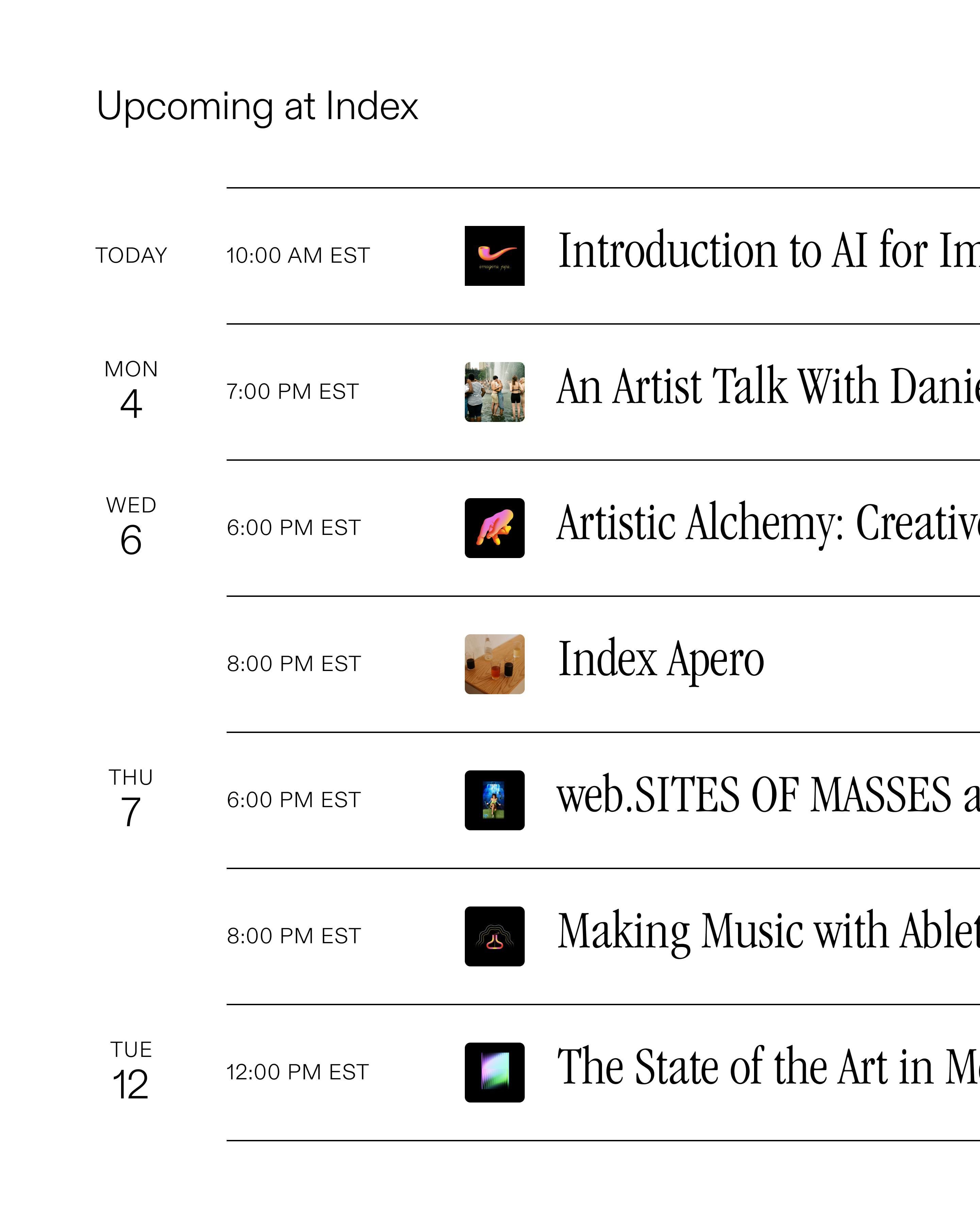 Index ‘Upcoming at Index’ schedule with a list of dated events including talks, workshops, and an Apero.