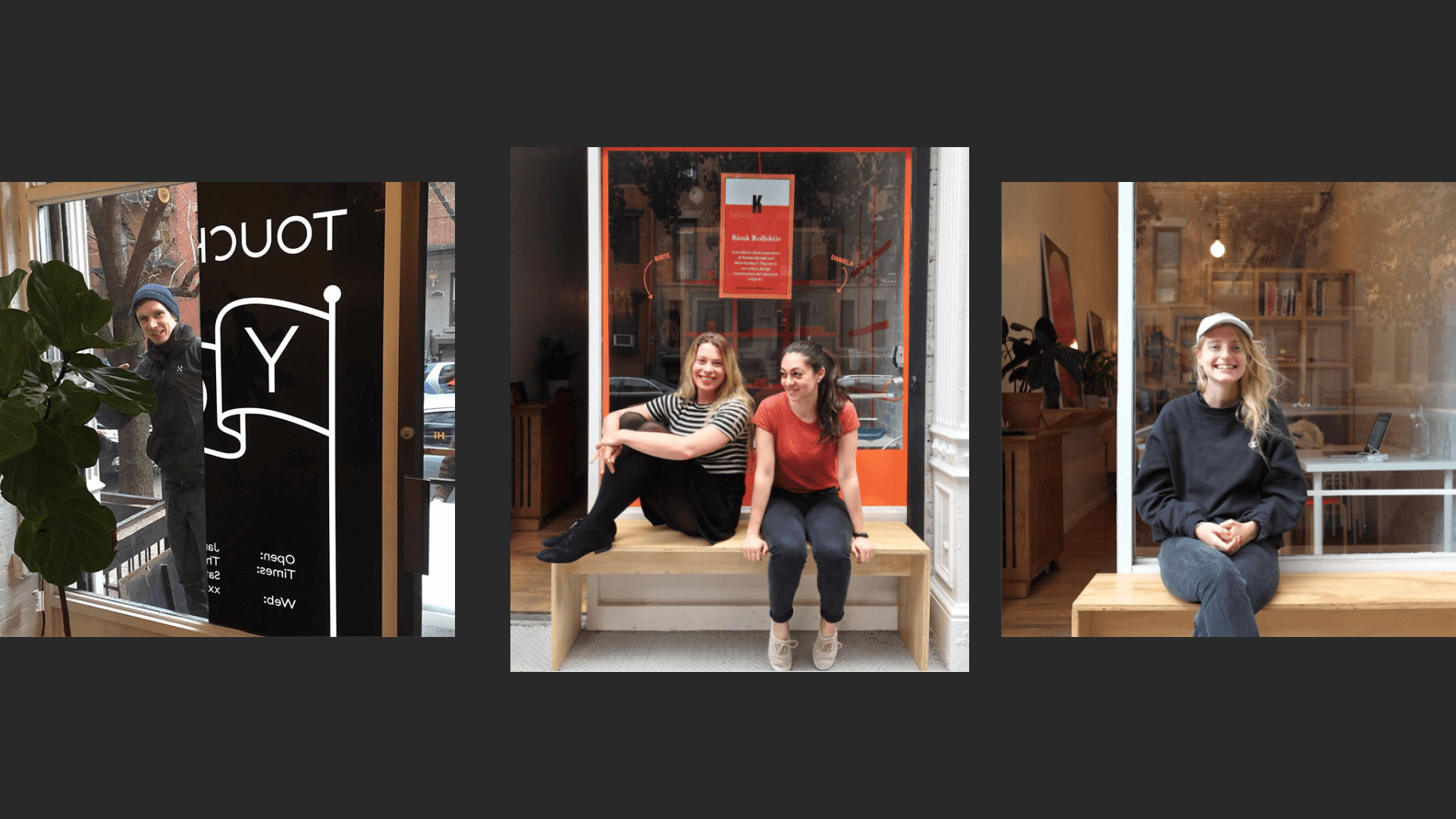 Three photos of past @telier hosts posing in their resident workspaces.